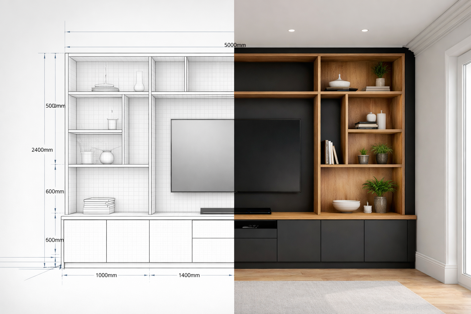 half and half media unit wireframe and rendered