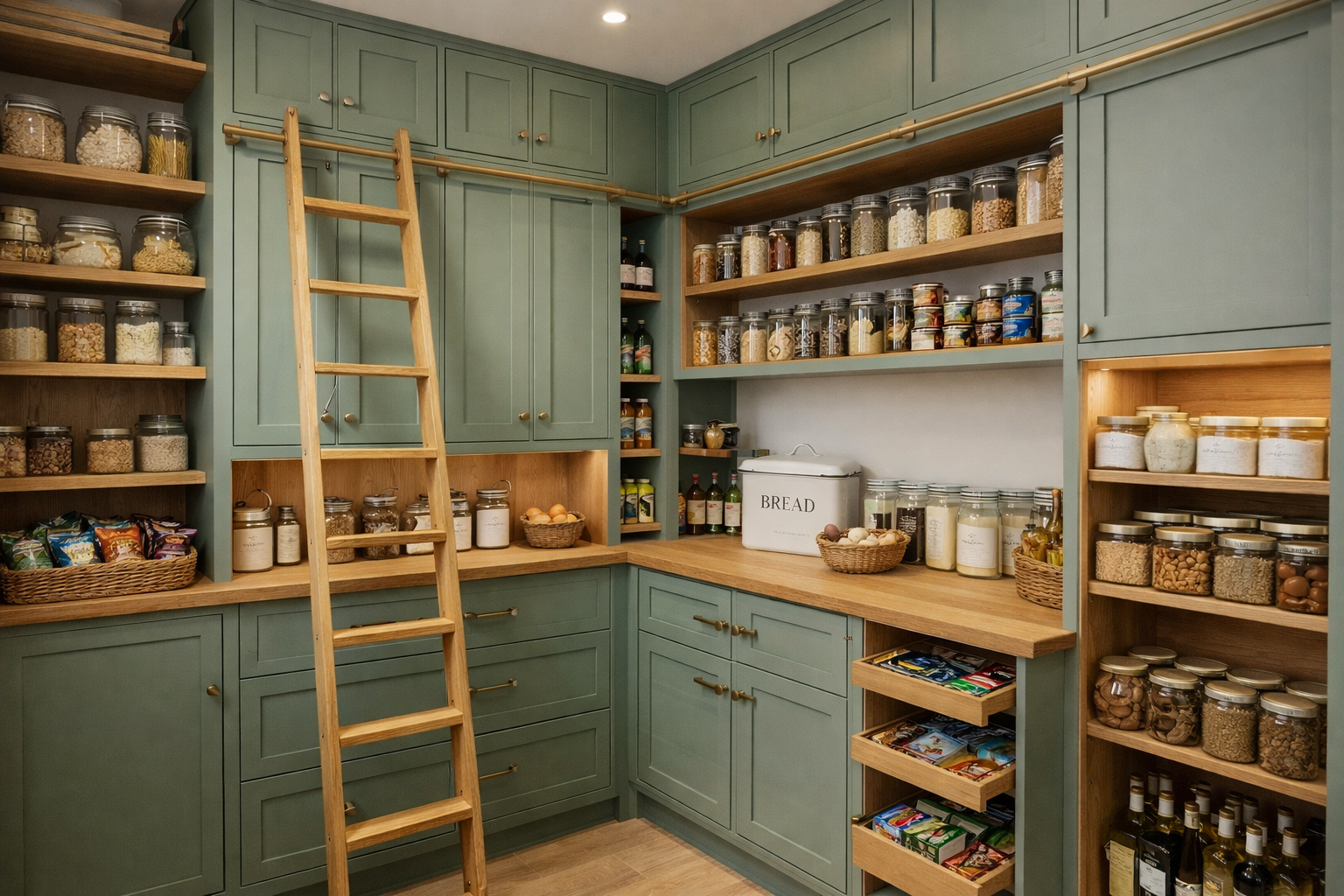 digital sage green and oak pantry