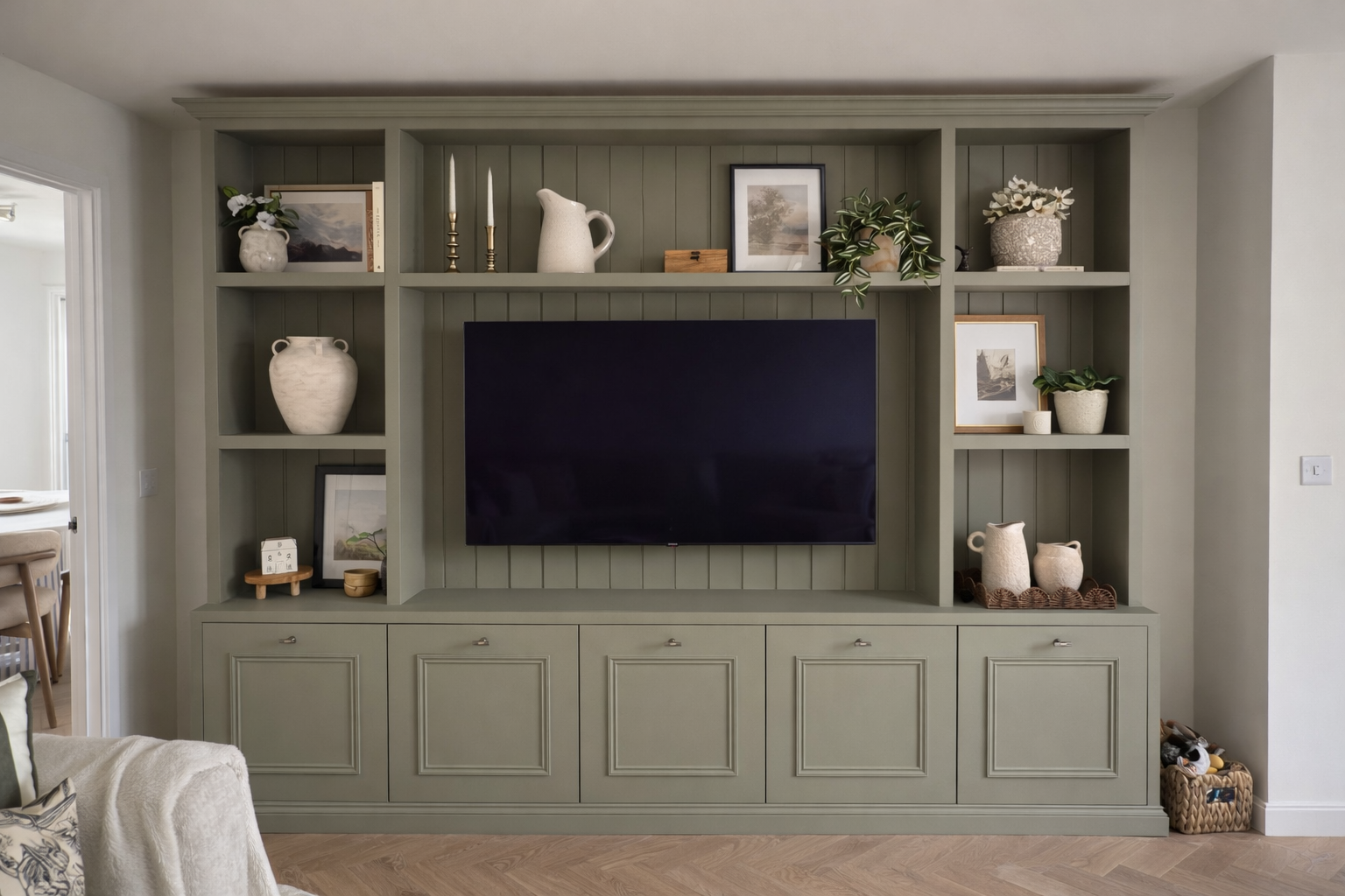 sage green living room media unit