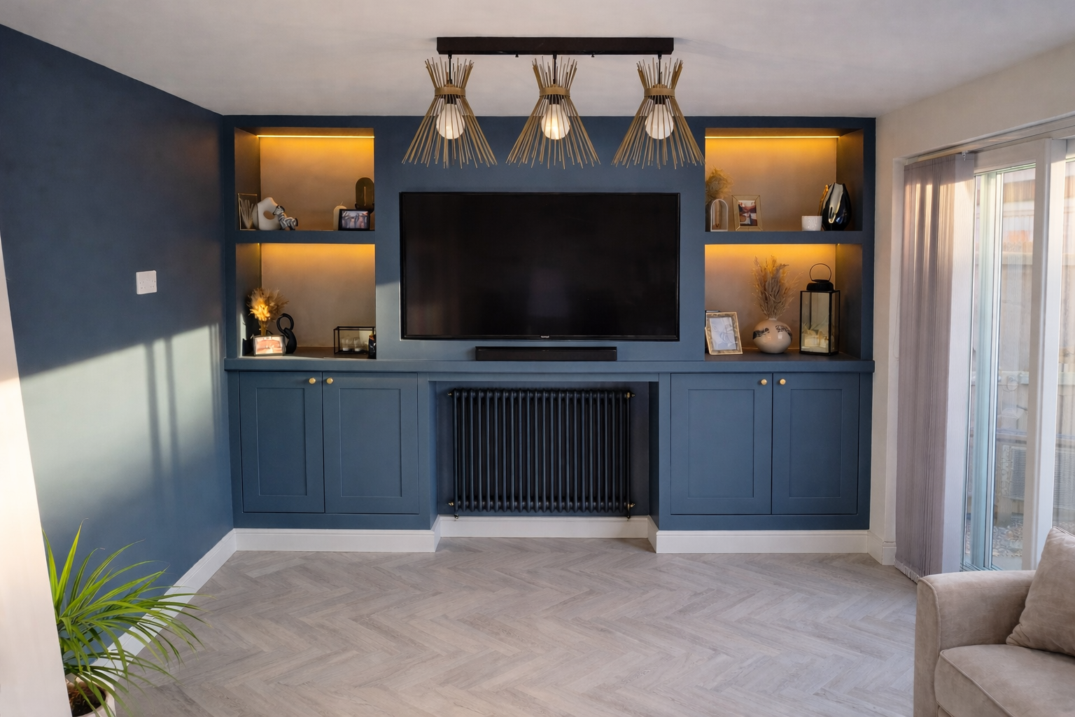 blue dining room fitted media unit and shelves