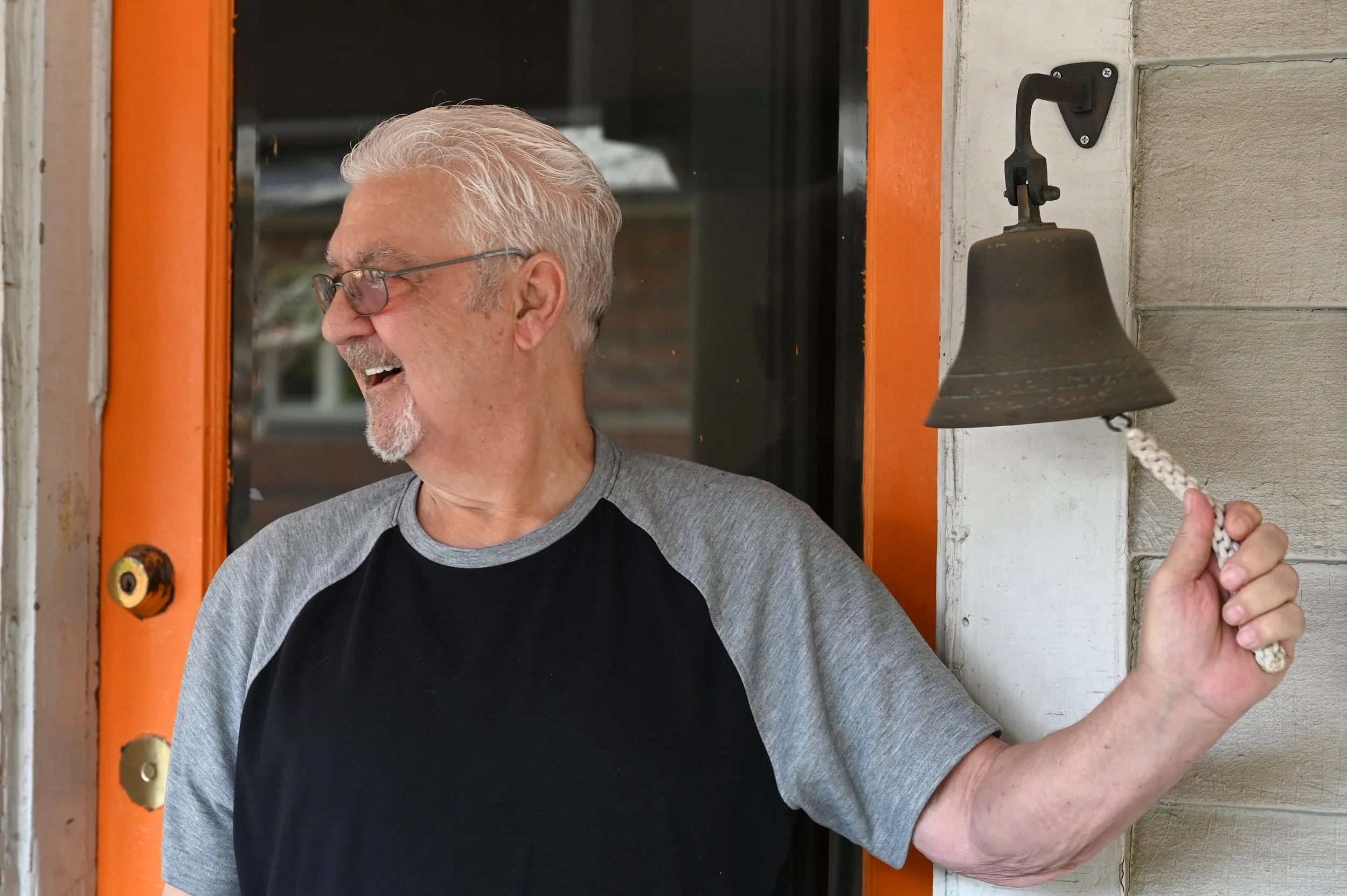 Dwight, a double-lung transplant and coronary artery bypass recipient, rings the bell to signal his last day at the Transplant House of Cleveland, Cleveland, Ohio, Sept. 20. 2025. He is returning to Kentucky, where he worked as a coal miner for 40 ye