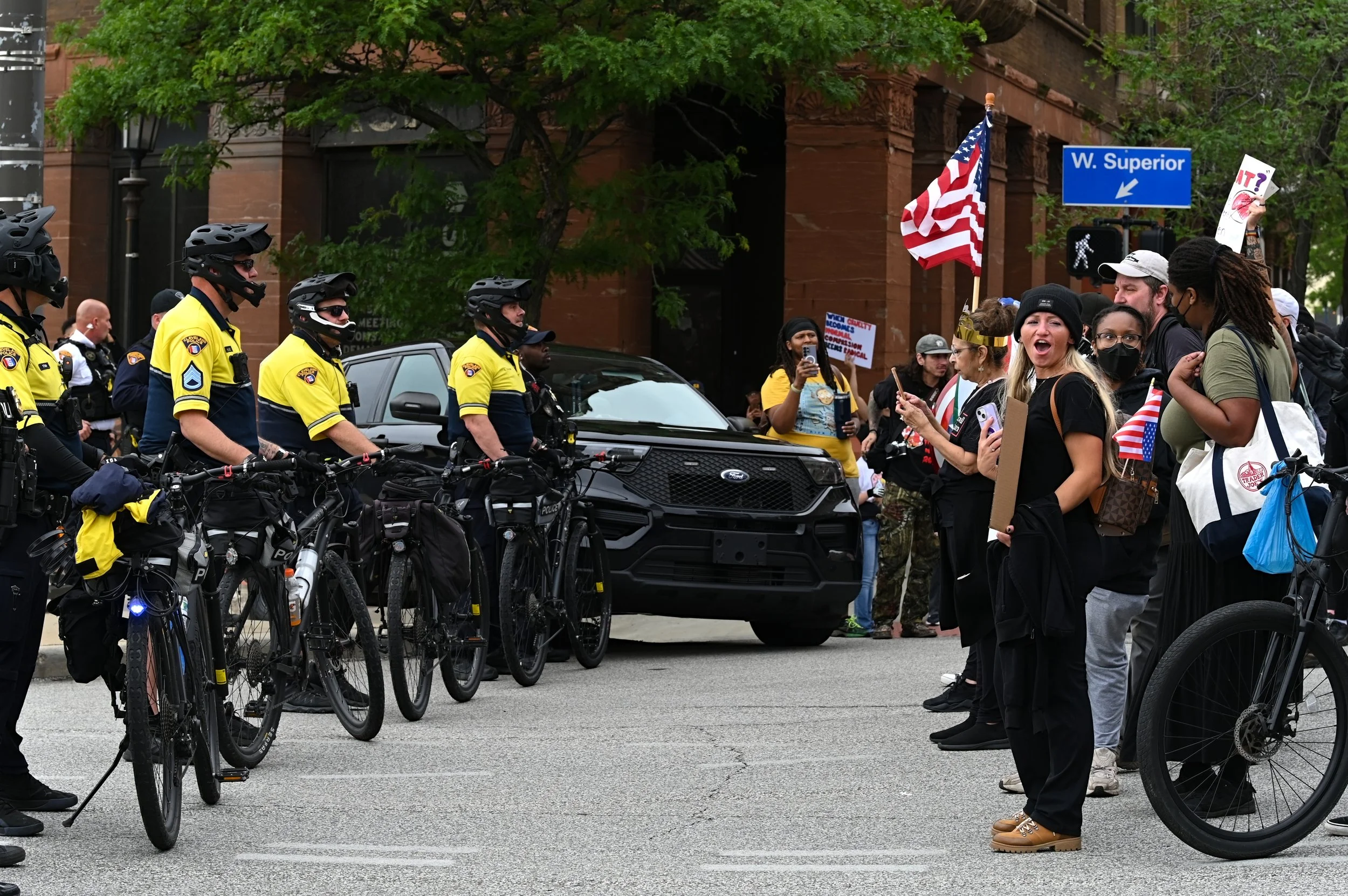 Cleveland Police block the Detroit-Superior bridge from No Kings protesters in Cleveland, Ohio, June 14, 2025.