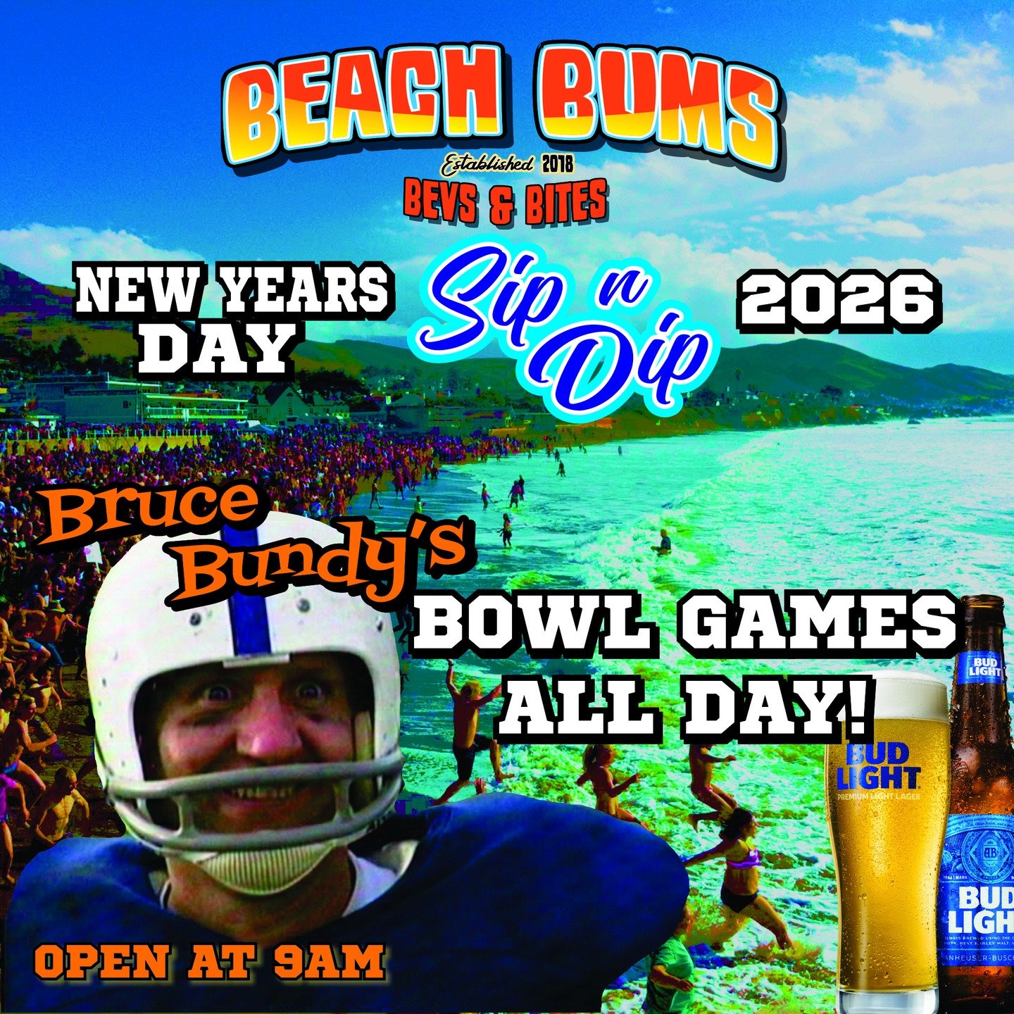 Join us NEW YEARS DAY for "Sip n Dip" 2026!🎉Open at 9am! After your dip come watch all The College Football Bowl Games with Bruce Bundy! Largest big screen TV in Cayucos!🏈

Let's bring in the new year right, Cheers!🍺