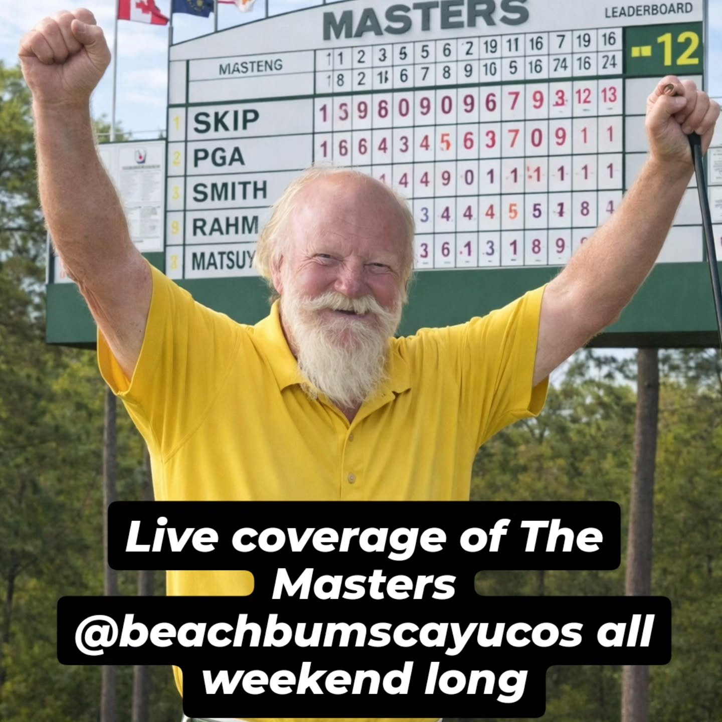 Come out and watch The Masters this weekend! Get here early Sunday for the closing round. Follow Skip as he tries to stay atop the leader board!