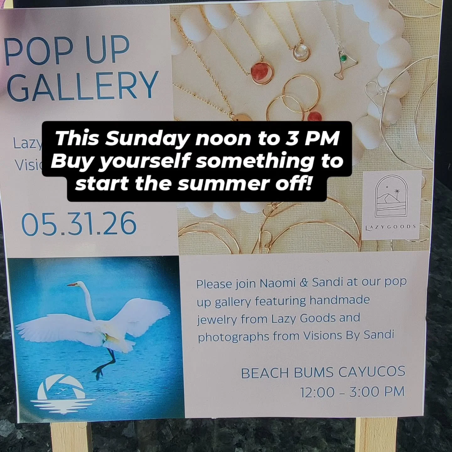 Come on over Sunday for the Pop Up sale...Lazy Goods will feature custom jewelry and Sandi will have original photo art work. Pop on over this Sunday