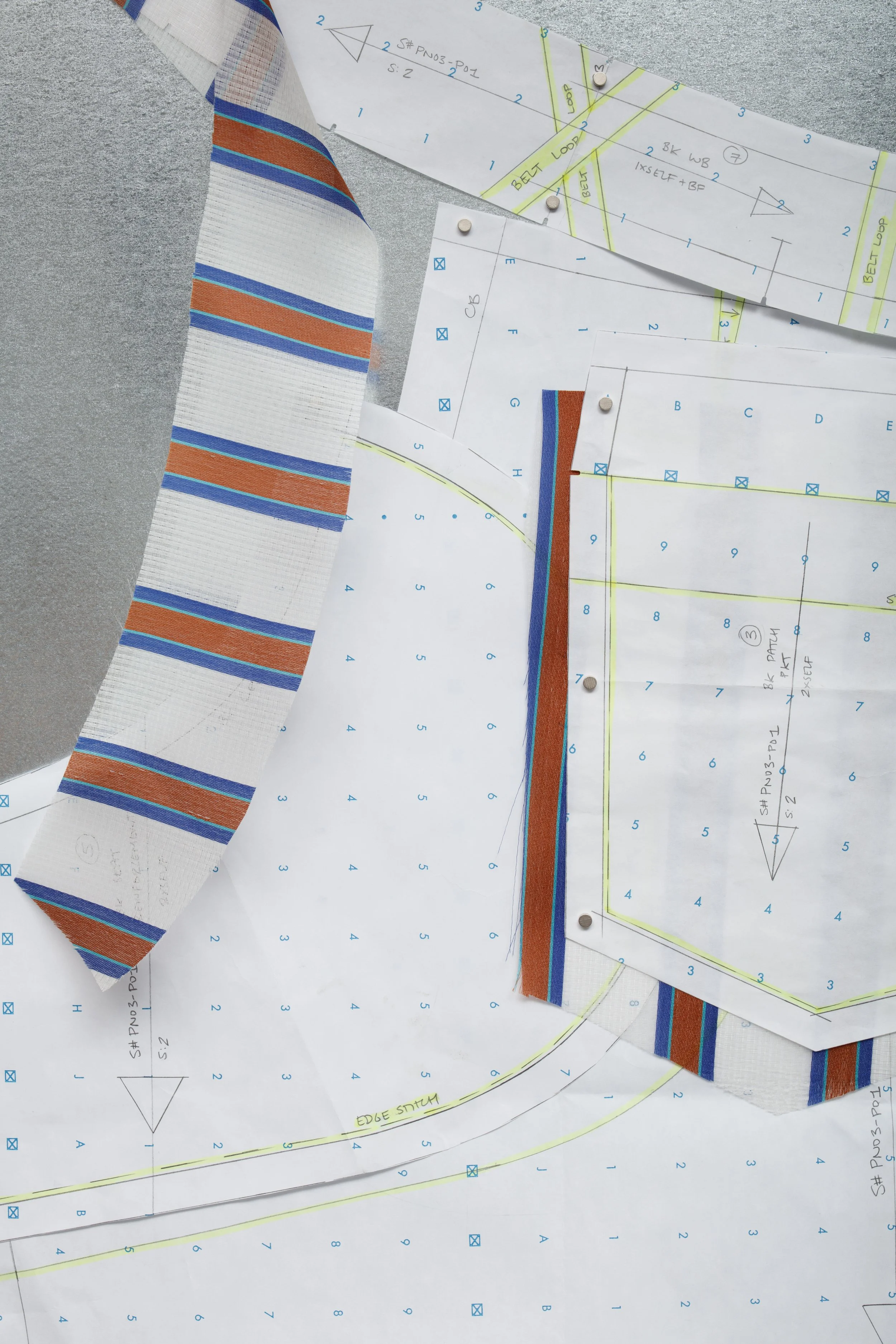 pattern (bk leg) - detail
2026
Graphite and highlighter on pattern paper, silk gauze, photograph, stainless steel swatch, magnets, and sandpaper on silver MagBoard
36 x 24 x 1.75 inches
91.44 x 60.96 x 4.45 cm
PN G3