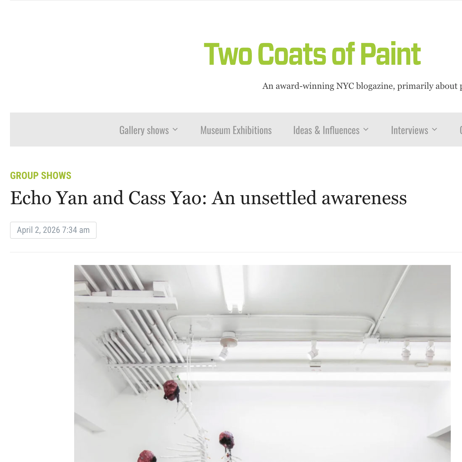 Echo Yan and Cass Yao: An unsettled awareness
By PATRICK RYAN BELL
April 2, 2026 
TWO COATS OF PAINT