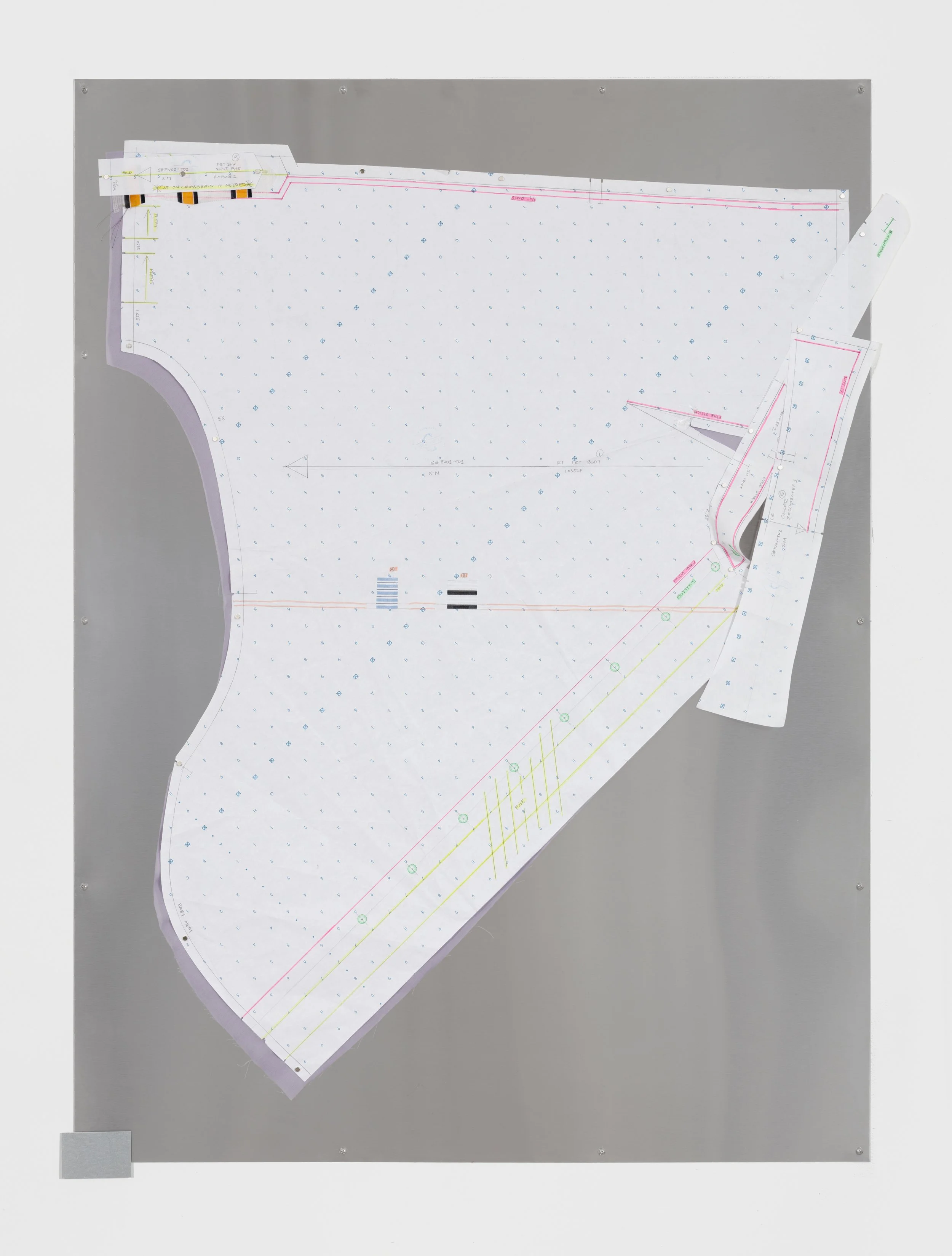 pattern (rt frt body) (detail)
2026
Graphite and highlighter on pattern paper, silk gauze, stripe cotton, metal swatch and magnets on stainless steel magboard
46.5 x 37 x 1.5 inches
118.11 x 93.98 x 3.81 cm
PN G1