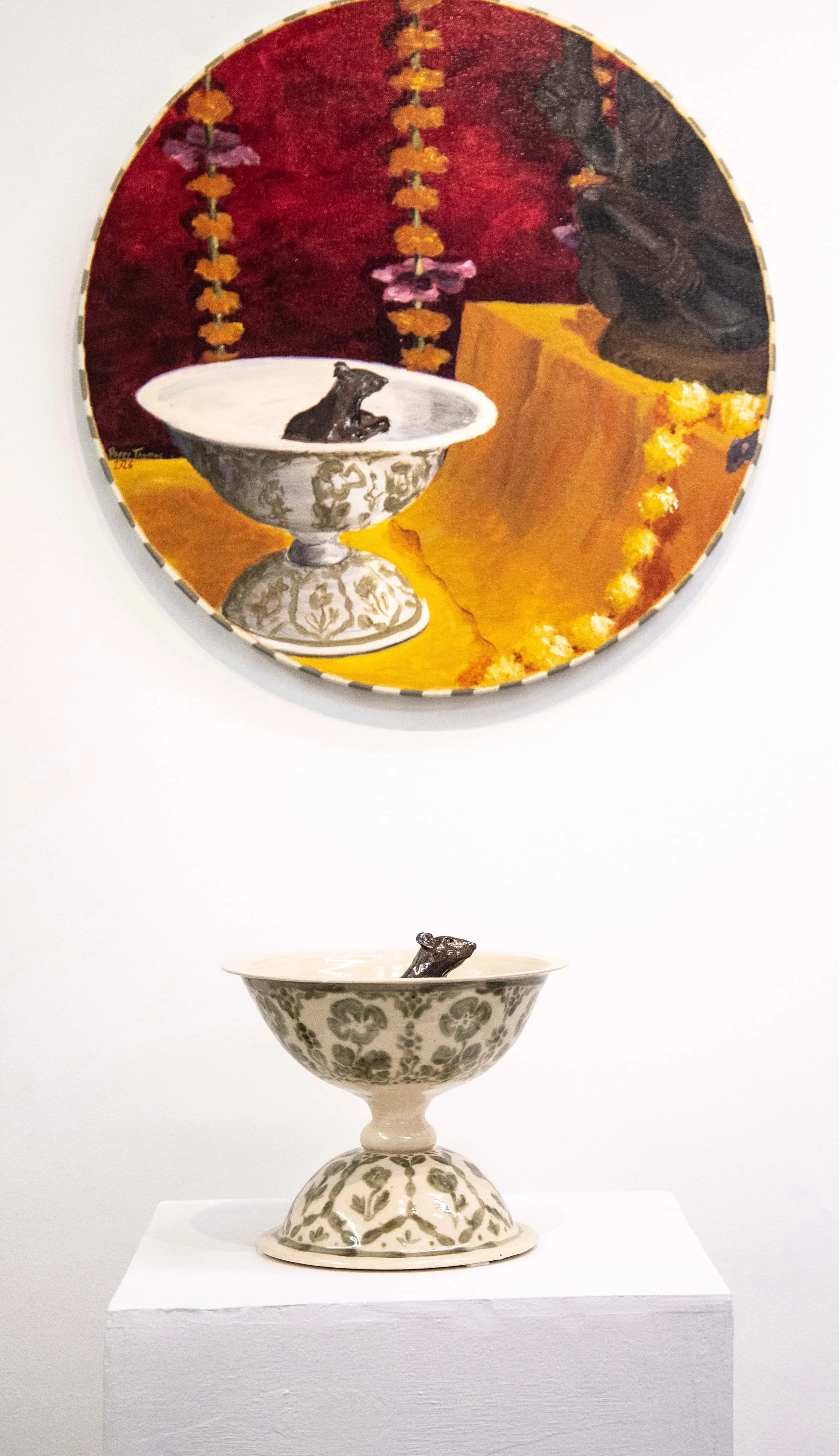 Poppy Thomas
Mooshika (2026)
Glazed stoneware
4.6 x 4.6 x 9.5 inches
11.68 x 11.68 cm

1700 India (2026)
Acrylic on canvas 
24 inches
60.96 cm