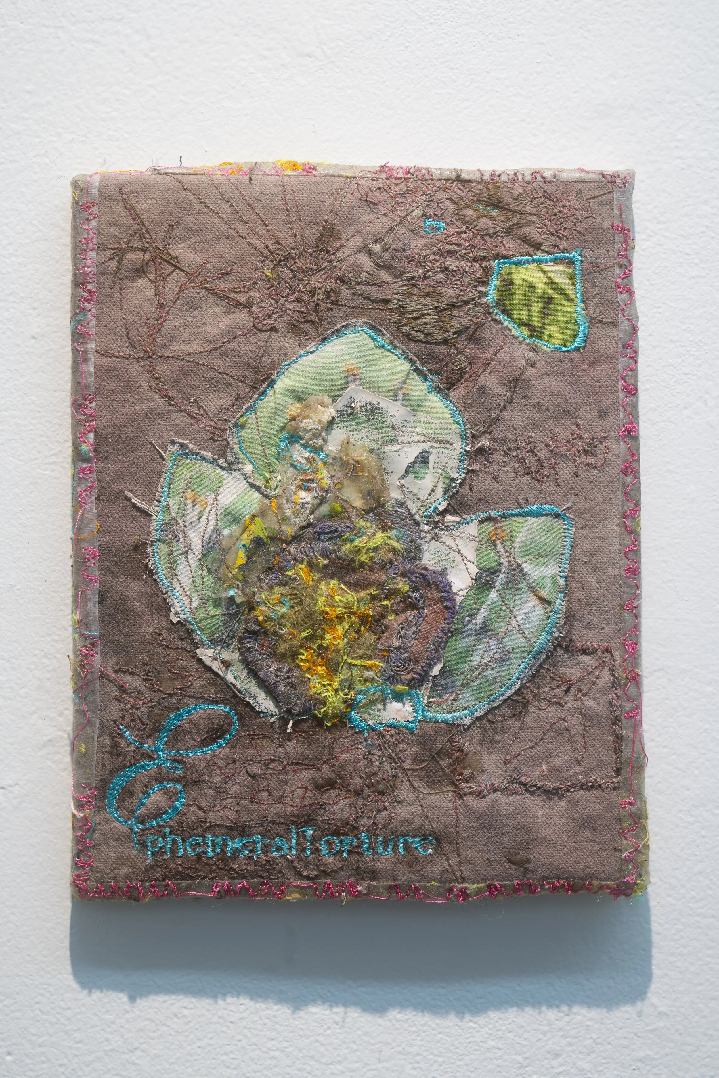 John DeSousa
EphemeralTorture, 2025
Printed cotton, canvas, polyester and rayon threads,
roller stickies, staples, paint and dye
6 x 8 inches
15.24 x 20.32 cm