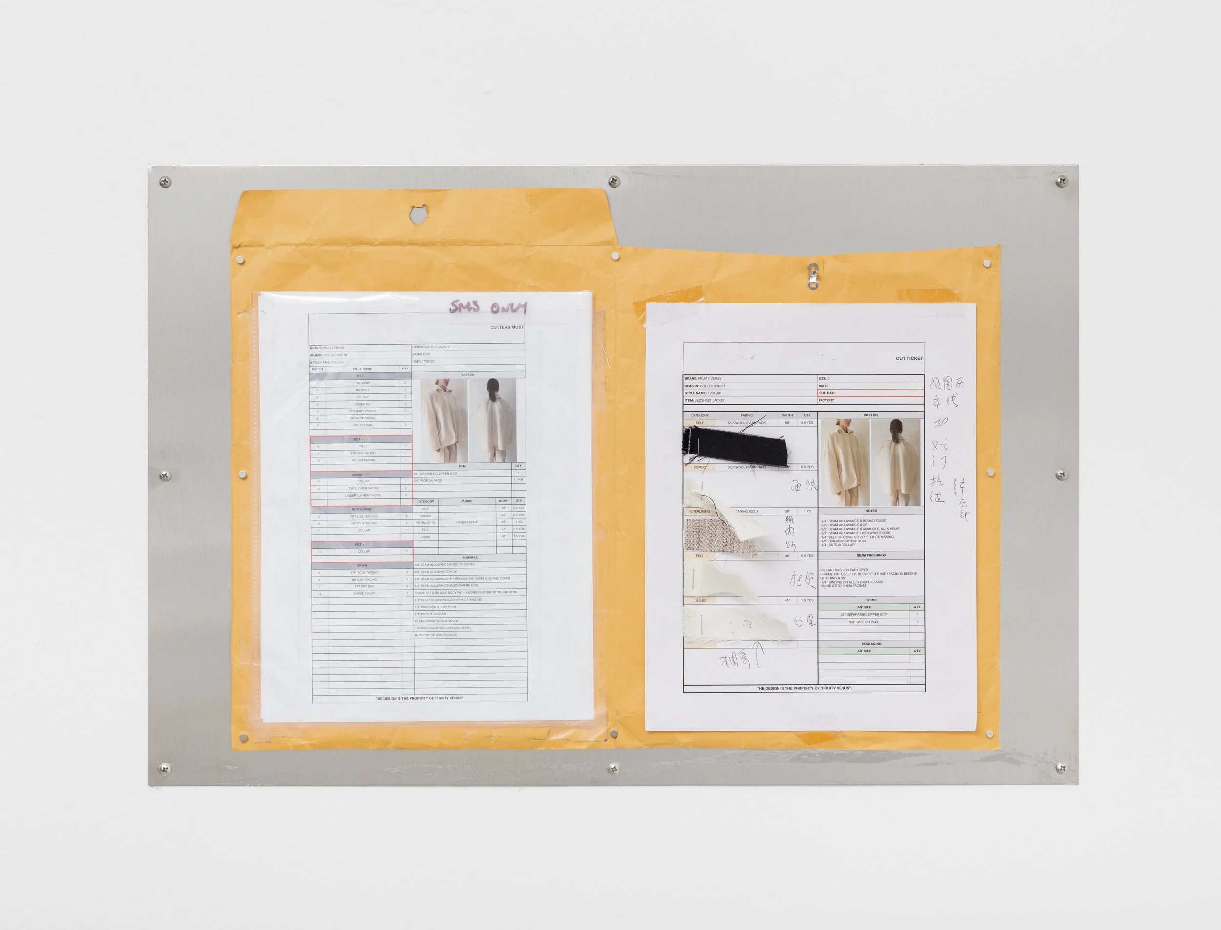 cutters must (kite jacket)
2026
Printed documents with fabric swatches and handwritten notes attached to manila envelope on stainless steel MagBoard
16 x 24 inches
40.64 x 60.94 cm
PN G10