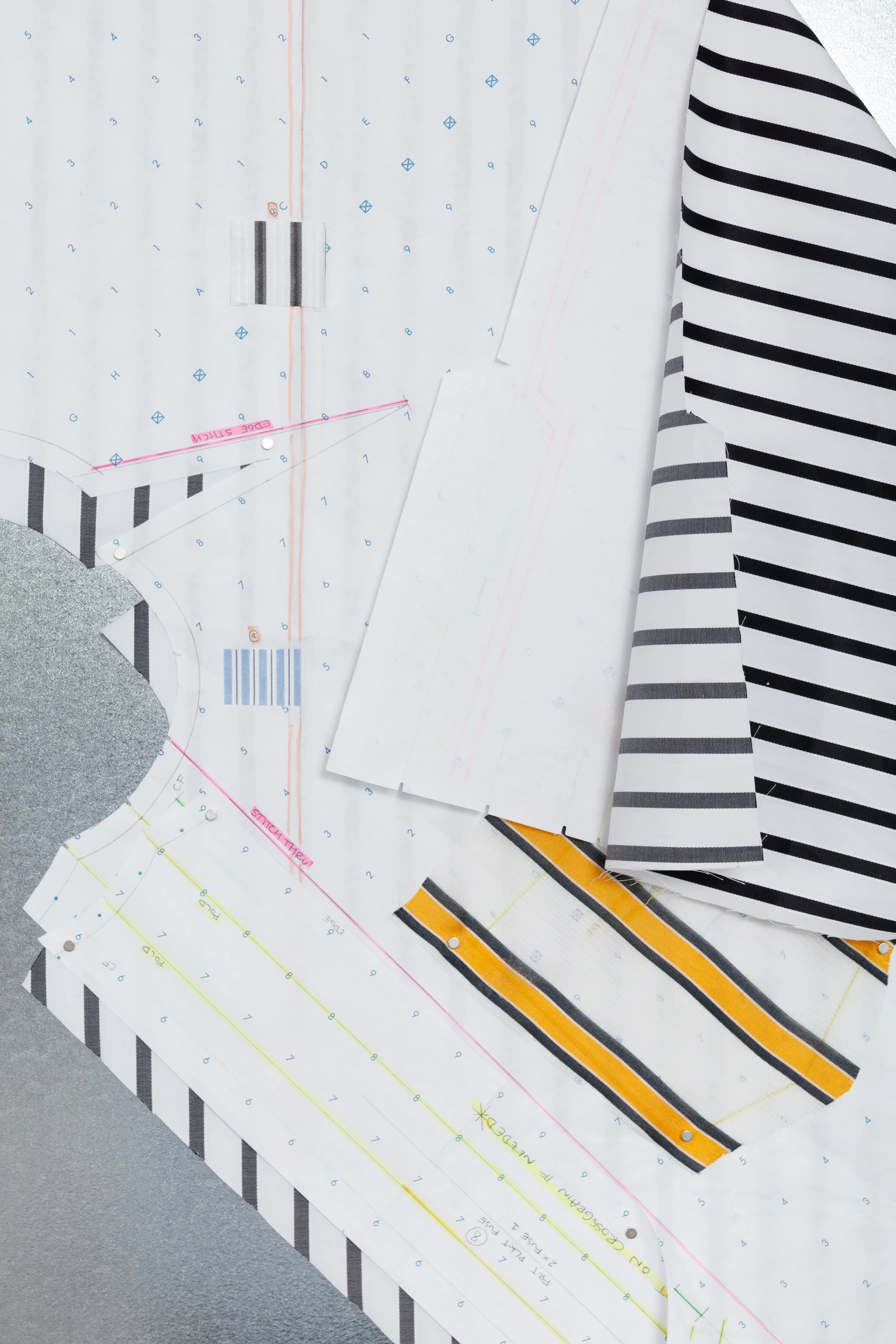 pattern (lft frt body) - detail
2026
Graphite and highlighter on pattern paper, silk gauze, stripe cotton, and magnets on stainless steel magboard
45.5 x 35.5 x 3.5 inches
115.57 x 90.17 x 8.89 cm
PN G2