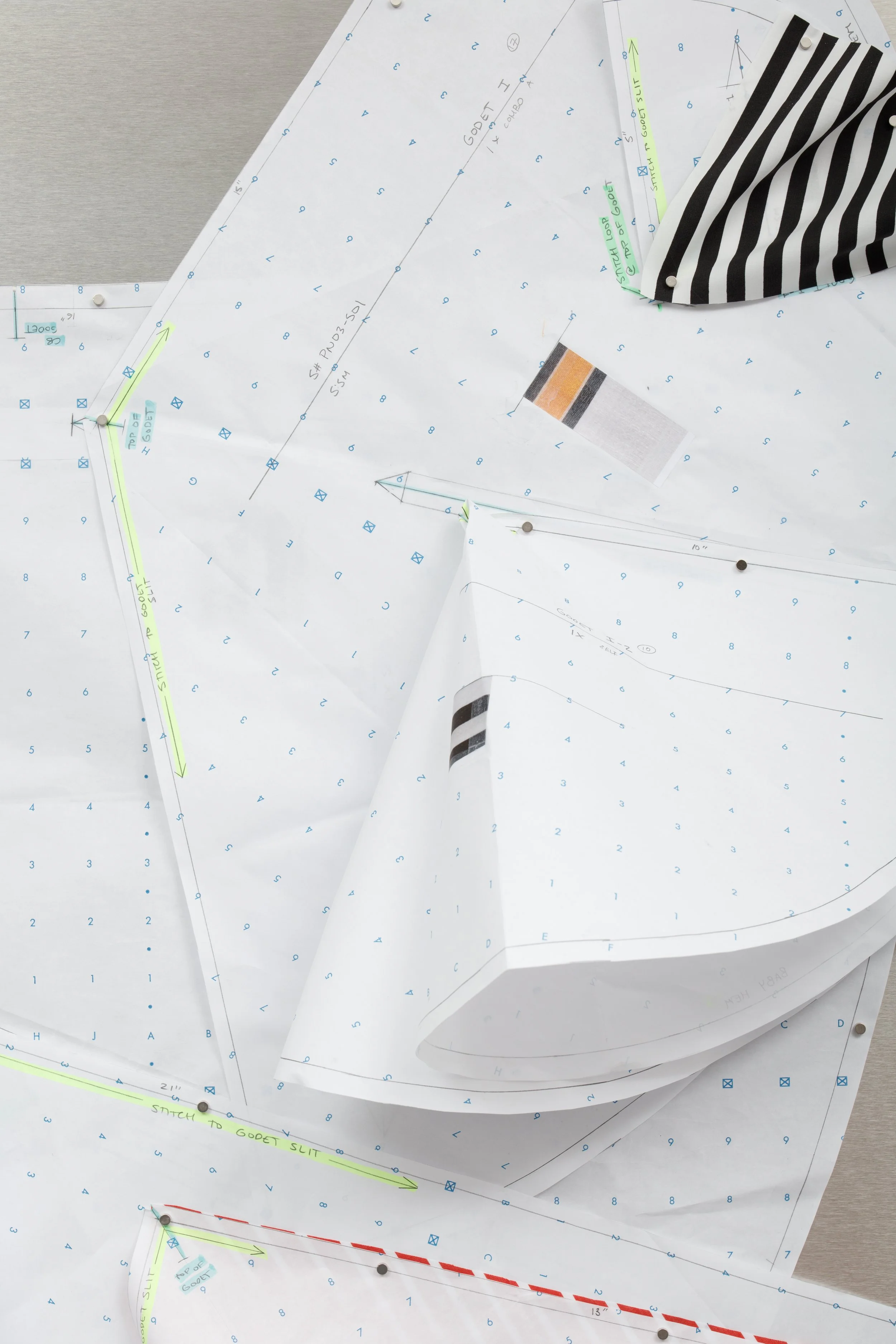 pattern (lft back skirt) - detail
2026
Graphite and highlighter on pattern paper, stripe cotton and magnets on stainless steel magboard
63 x 36.5 x 10 inches
160 x 92.71 x 25.4 cm
PN G7