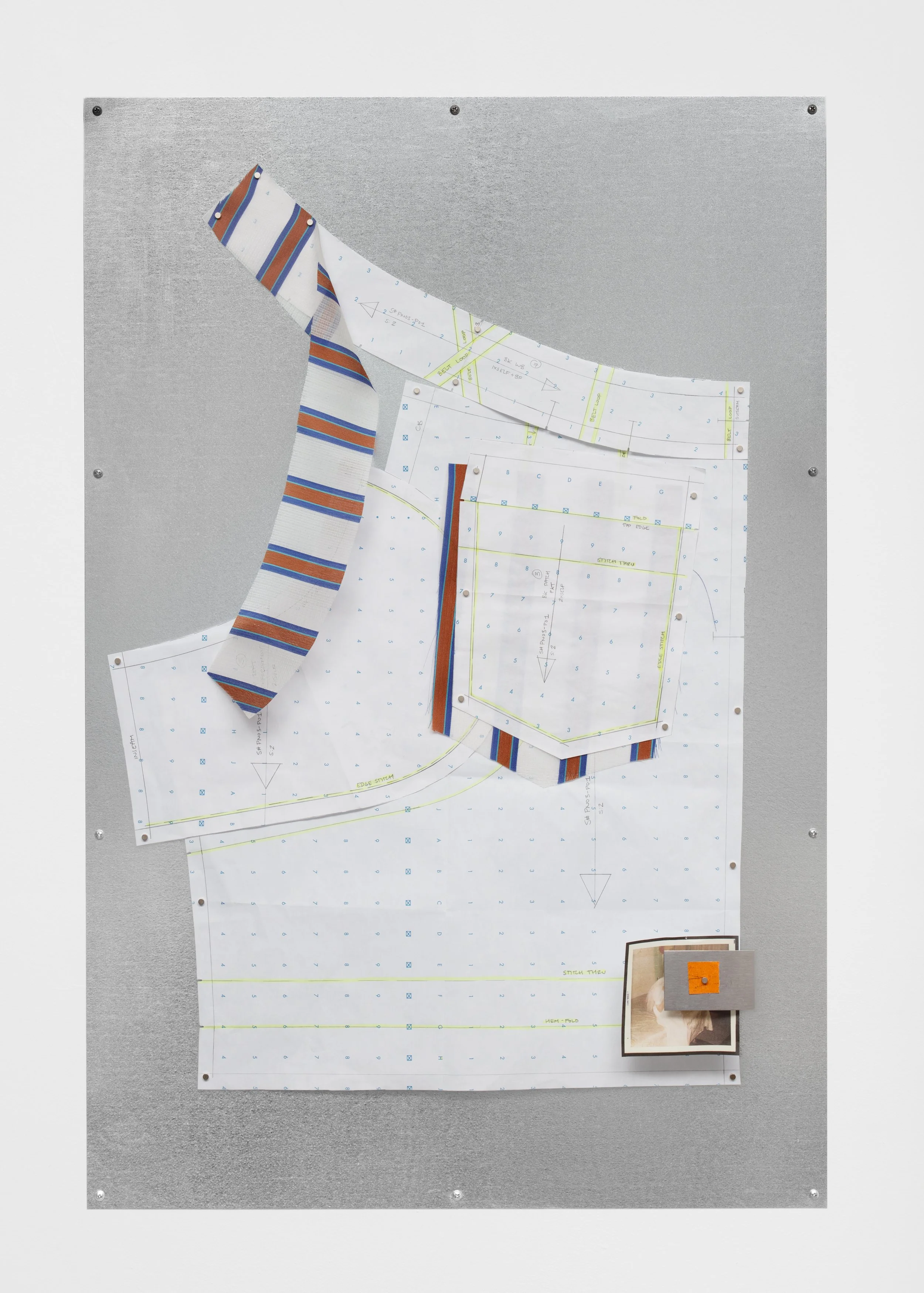 pattern (bk leg)
2026
Graphite and highlighter on pattern paper, silk gauze, photograph, stainless steel swatch, magnets, and sandpaper on silver MagBoard
36 x 24 x 1.75 inches
91.44 x 60.96 x 4.45 cm
PN G3