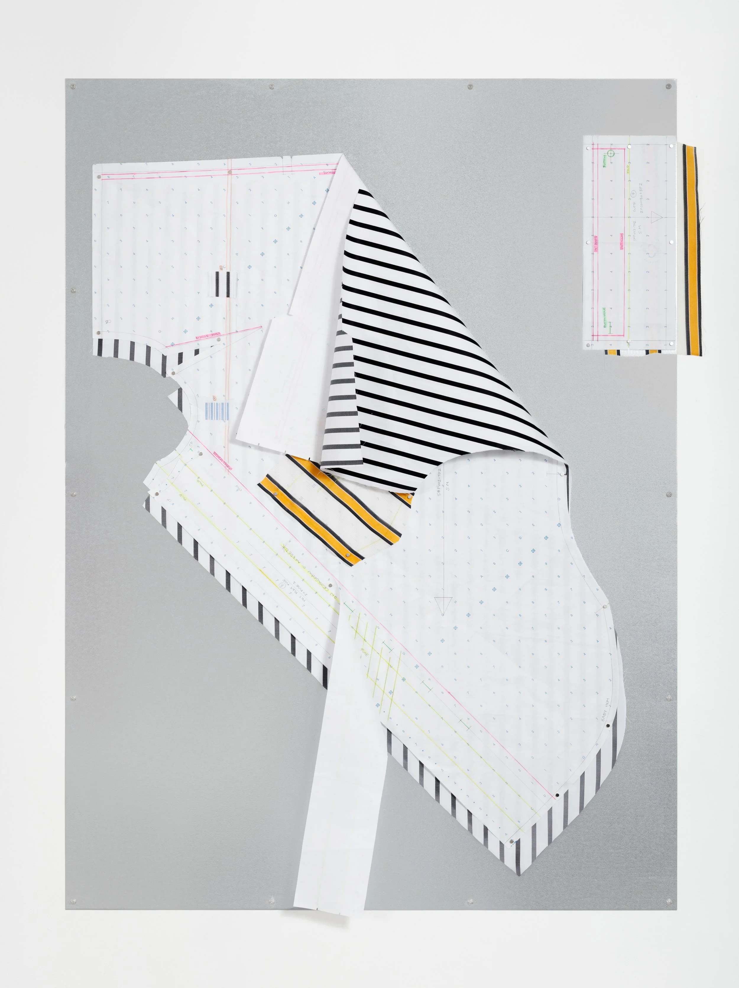 pattern (lft frt body)
2026
Graphite and highlighter on pattern paper, silk gauze, stripe cotton, and magnets on stainless steel magboard
45.5 x 35.5 x 3.5 inches
115.57 x 90.17 x 8.89 cm
PN G2