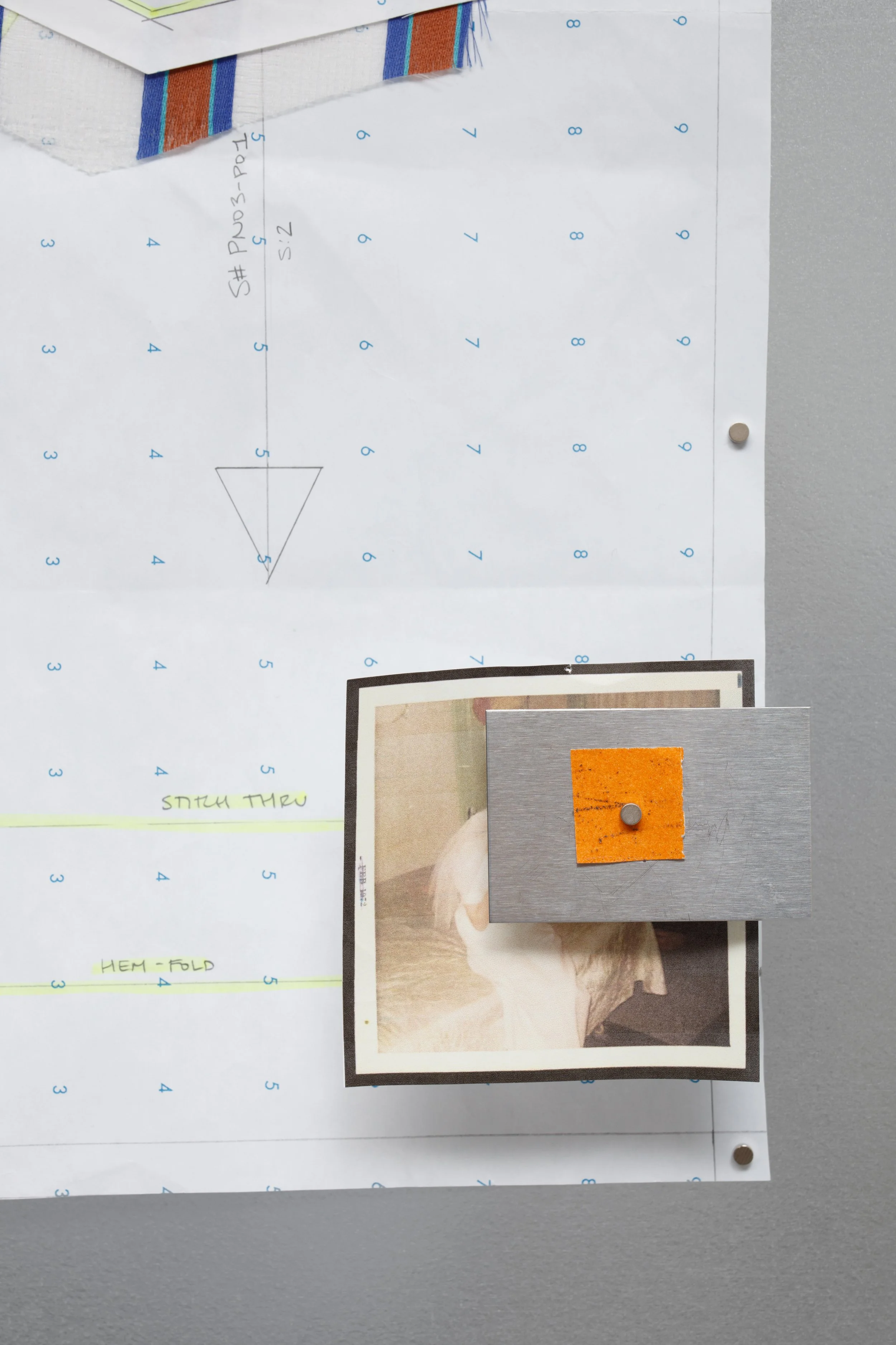 pattern (bk leg) - detail
2026
Graphite and highlighter on pattern paper, silk gauze, photograph, stainless steel swatch, magnets, and sandpaper on silver MagBoard
36 x 24 x 1.75 inches
91.44 x 60.96 x 4.45 cm
PN G3