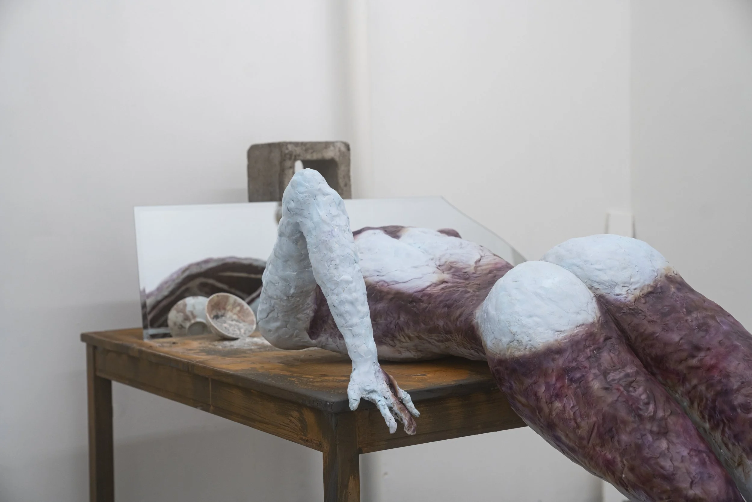 Cass Yao
Shared Meal (detail)
2025
Epoxy clay, acrylic, rust, ceramic, powder,
silicone, mirror, brick block
48 x 86 x 44 in.
121.92 x 218.44 x 11.76 cm.