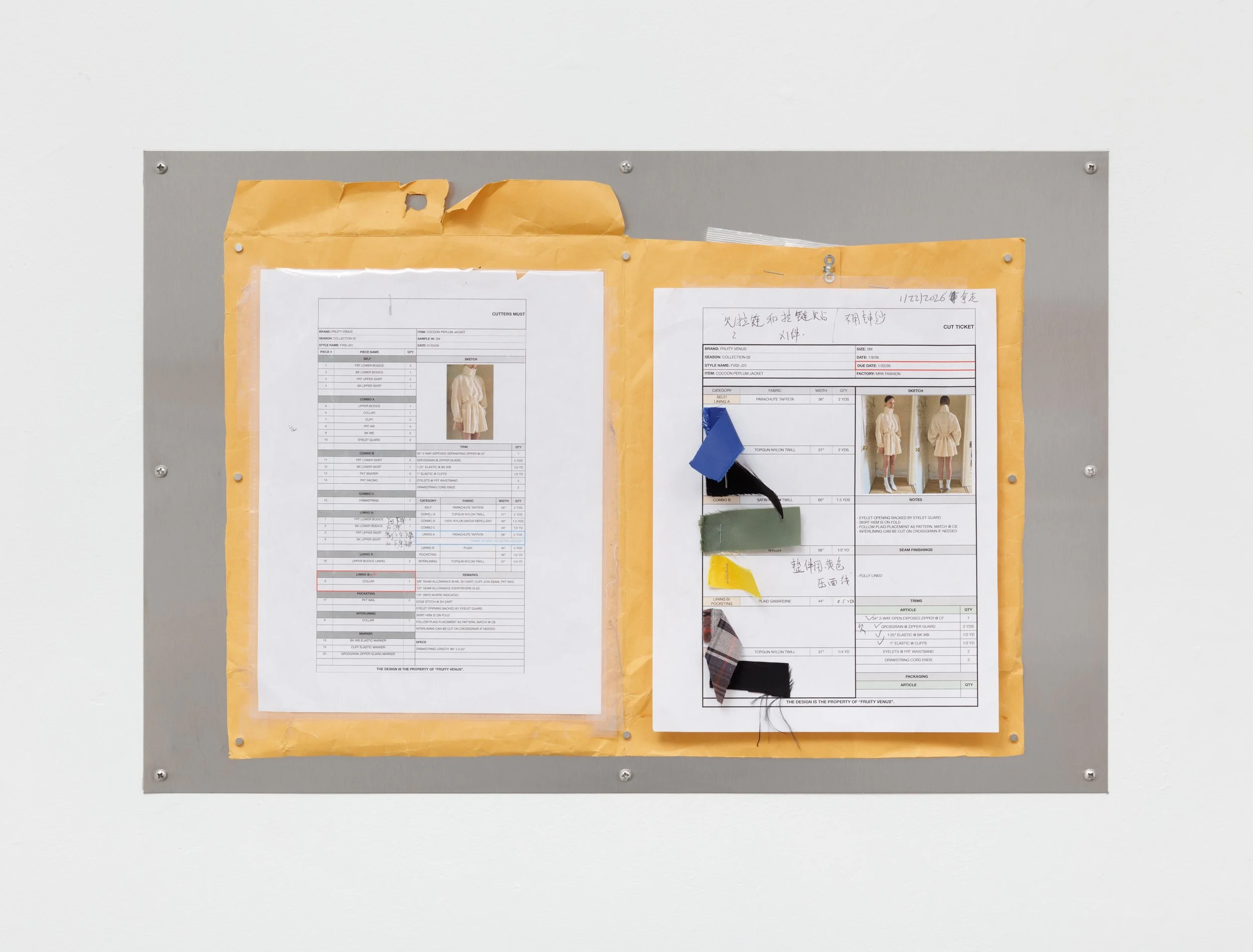 cutters must (windbreaker)
2026
Printed documents with fabric swatches and handwritten notes attached to manila envelope on stainless steel MagBoard
16 x 24 inches
40.64 x 60.96 cm
PN G6