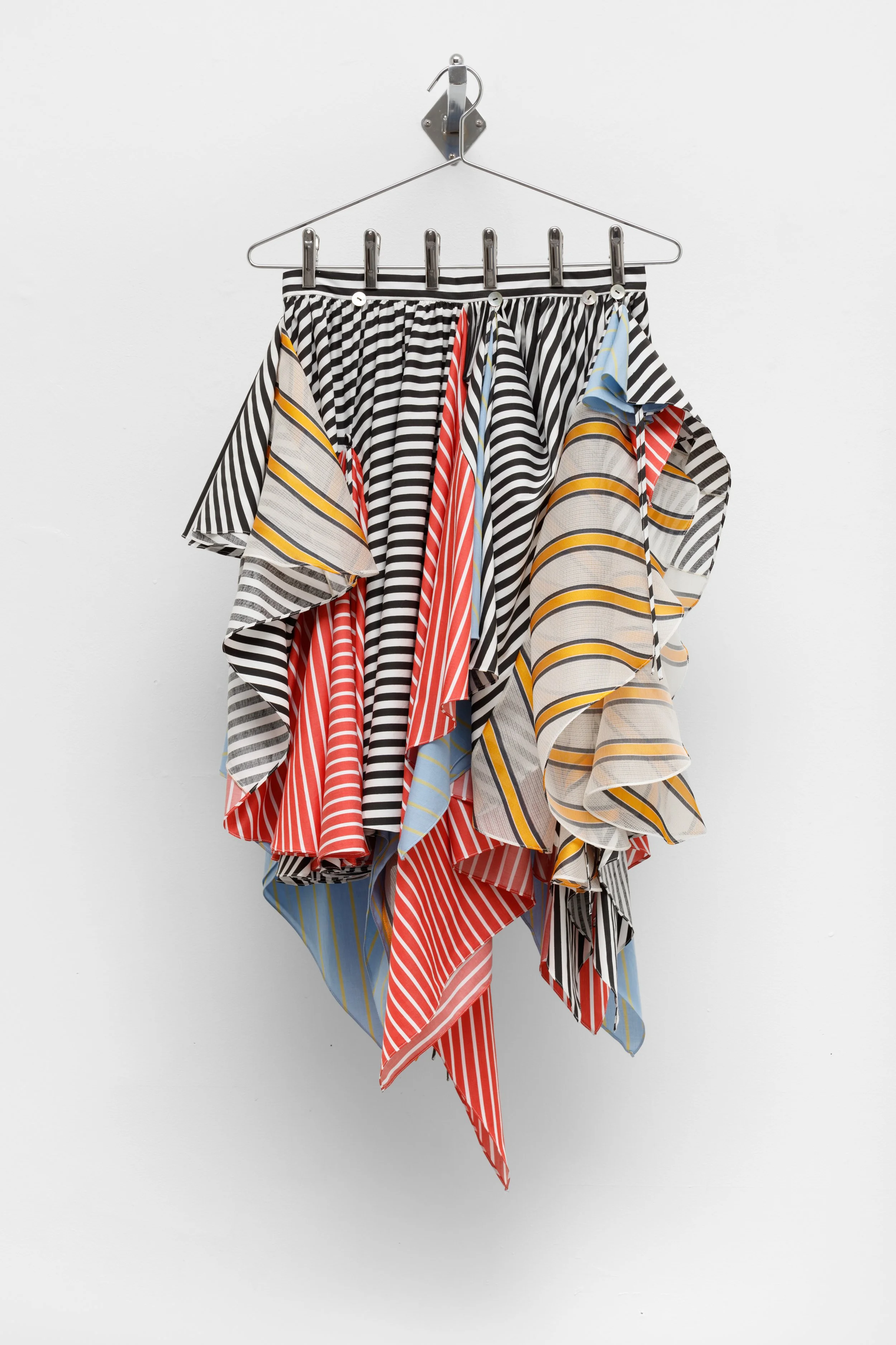 garment (bustled patchwork skirt)
2026
Stripe cotton & silk gauze skirt on metal hanger and wall mount
42 x 23 x 12.5 inches
106.68 x 58.42 x 31.75 cm
PN E5
