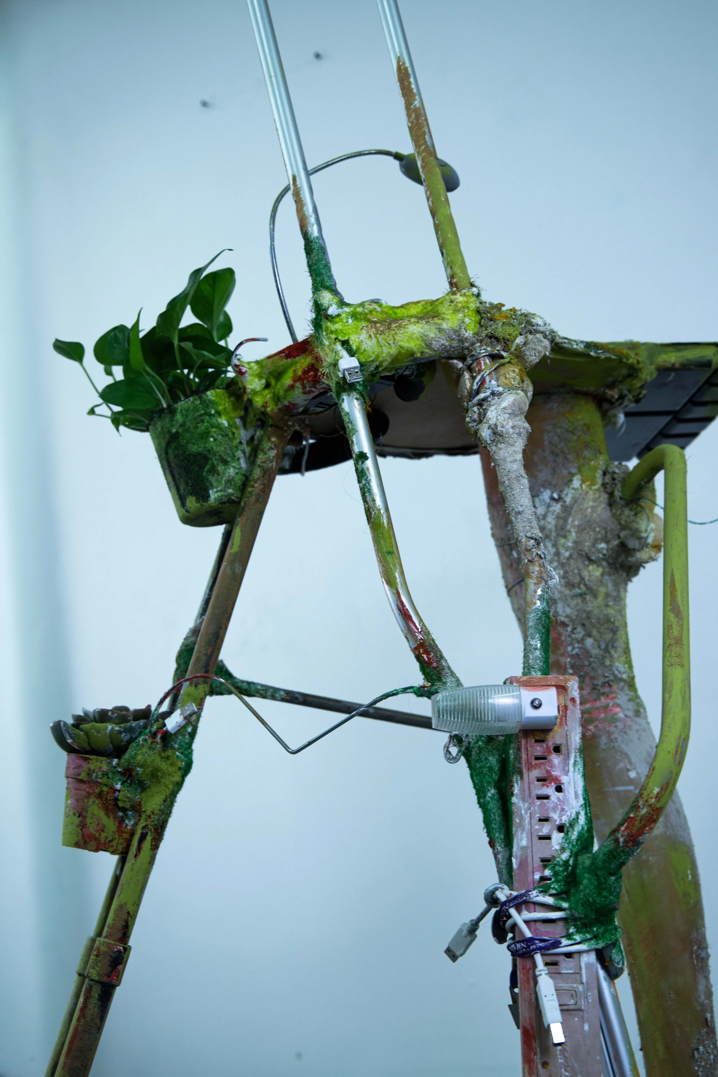 Rosalie Smith
Limping Desk (detail)
2025
Crutch, mannequin leg, artificial succulent, light, power strip, boot, desk organizer, foam, beach sifter, lanyard, charging cables, hooks, artificial grass, plaster, debris, PVA glue 
62 x 30 x 20 in.
157.5 x