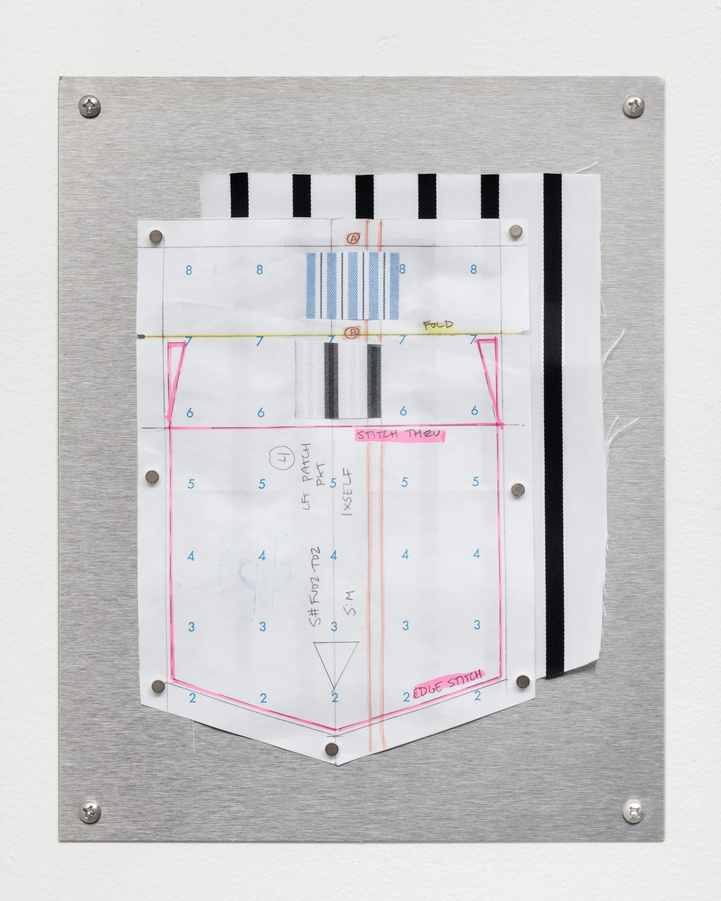 pattern (lft patch pkt)
2026
Graphite and highlighter on pattern paper, stripe cotton and magnets on stainless steel magboard
10.5 x 8.5 inches
26.67 x 21.59 cm
PN G9
