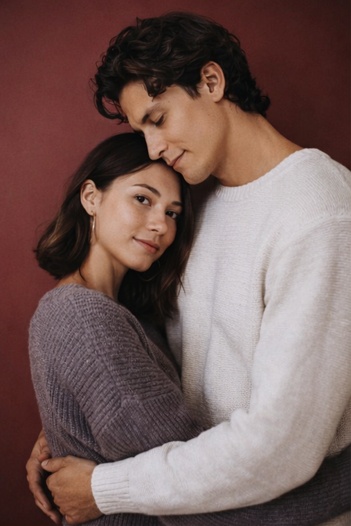 Párové Valentýnské focení ve studiu Berries.Place ve Zlíně, dva lidé si užívají společné chvíle, tulí se, dívka se dívá do objektivu