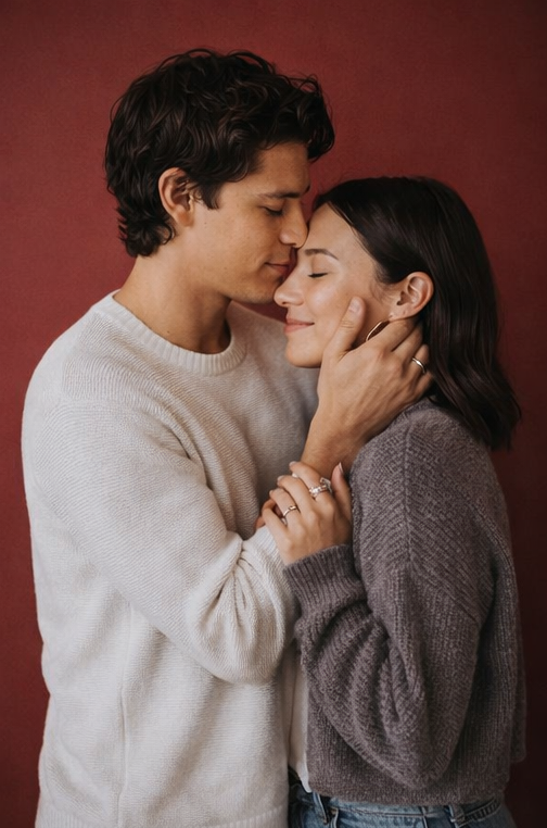 Párové focení k Valentýnu ve studiu Berries.Place, romantická atmosféra, pár se drží za ruce a usmívá