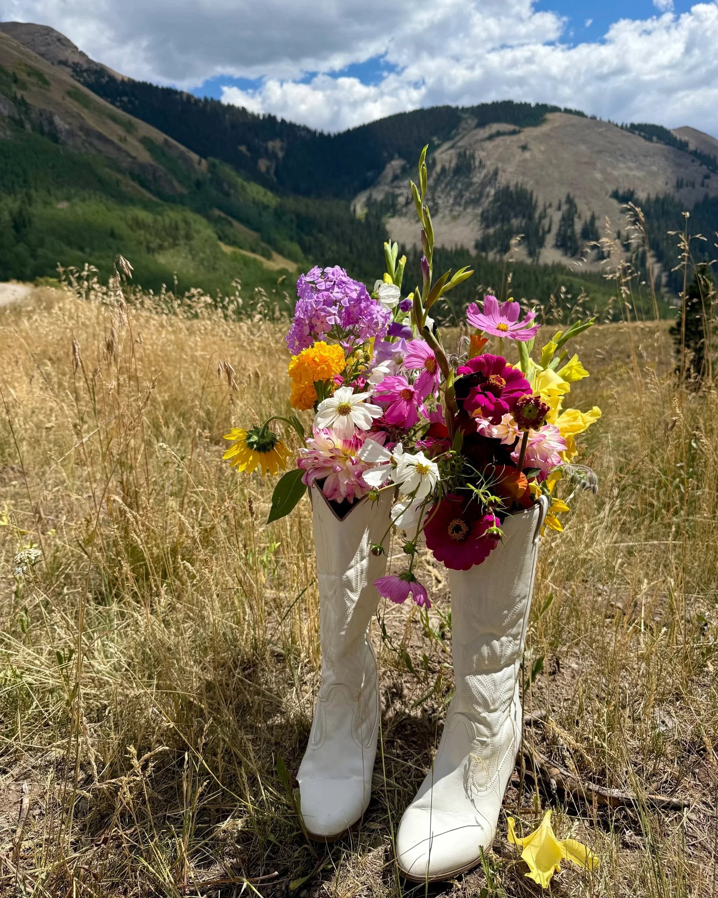 A pair of white cowboy boots filled with a colorful bouquet of flowers, set in a grassy field with mountains and a partly cloudy sky in the background.