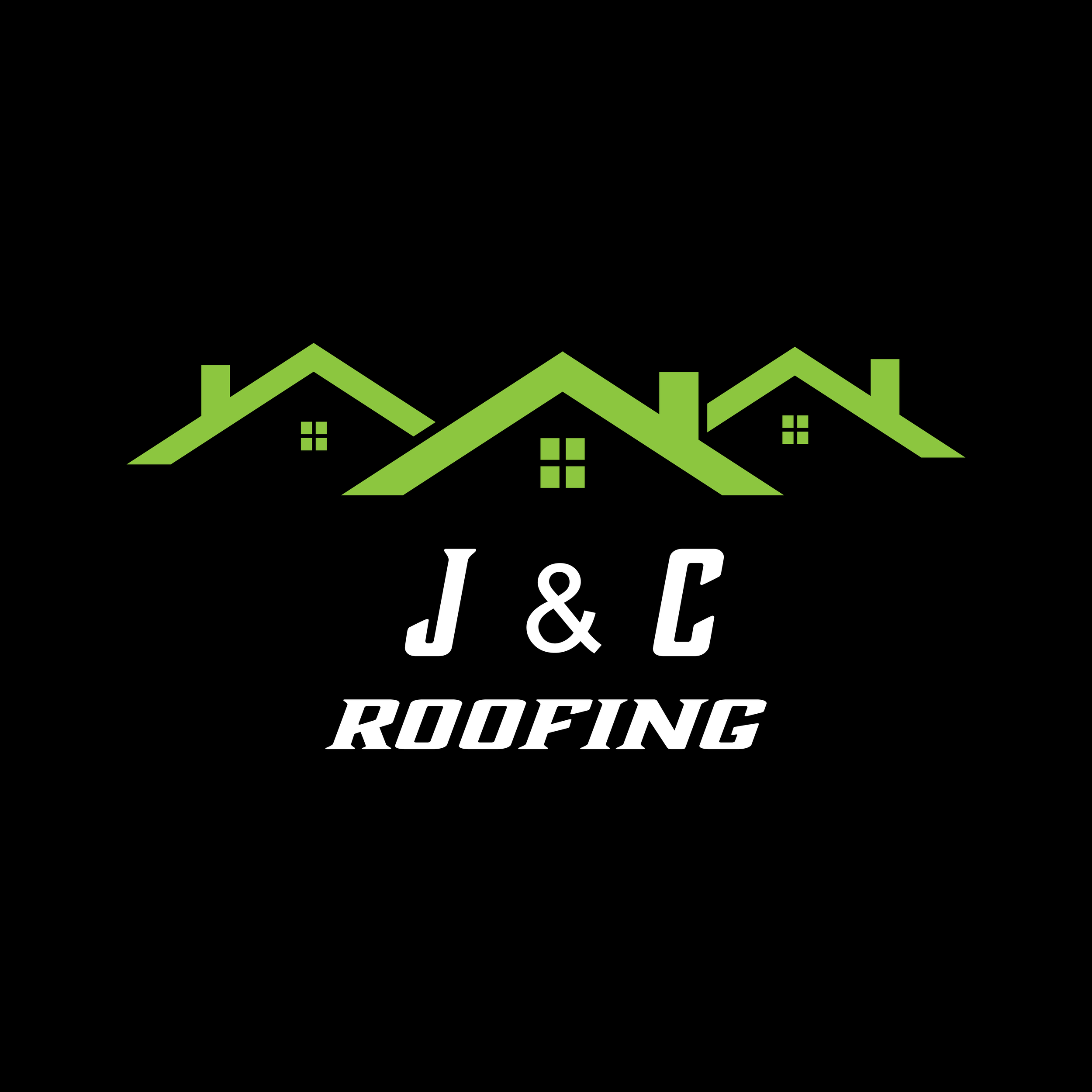 Logo for J & C Roofing featuring three green house rooftops and white text on a black background.