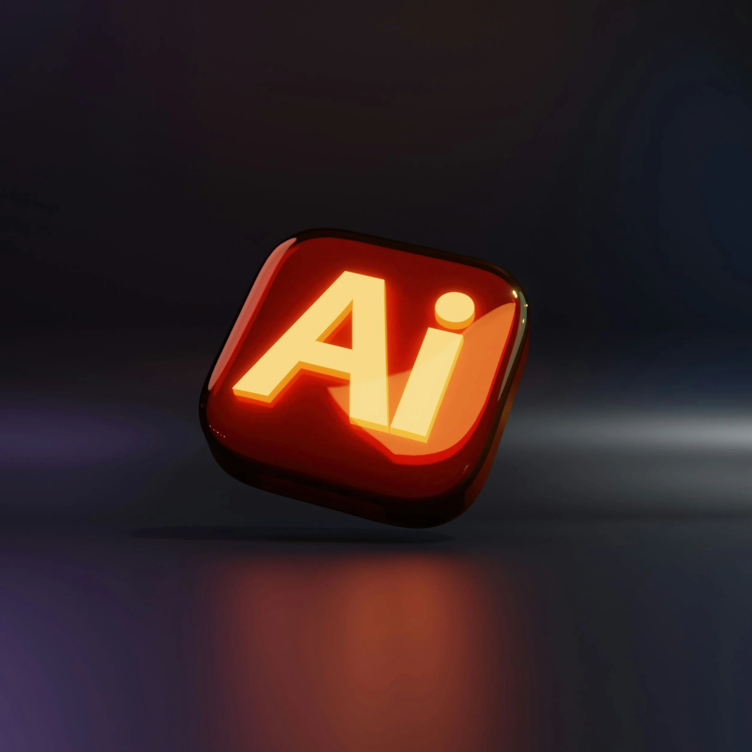A glowing digital icon with the letters 'Ai' in yellow on a red background, floating in a dark space.
