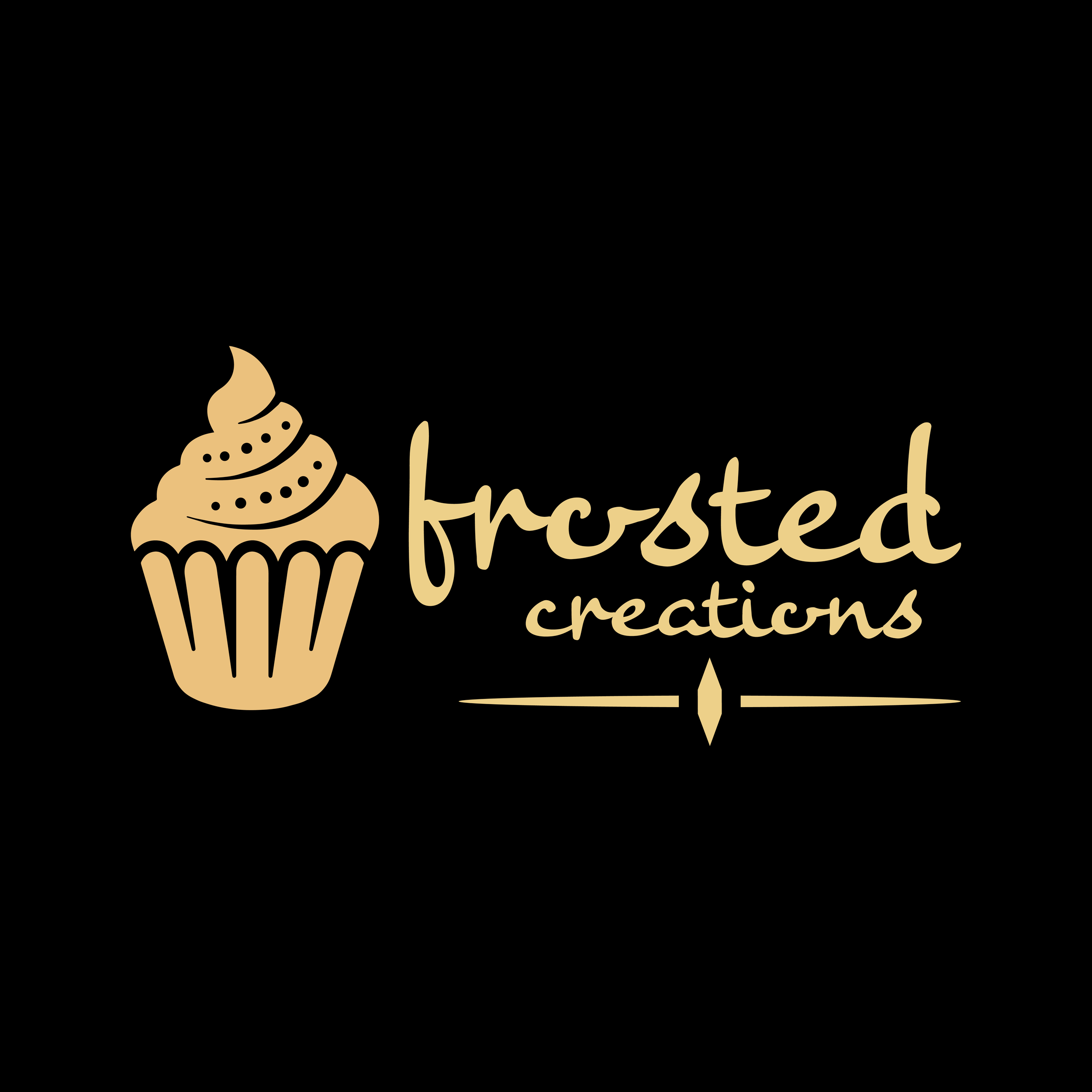 Black logo featuring a stylized cupcake on the left and the words "frosted creations" in beige, handwritten-style font.