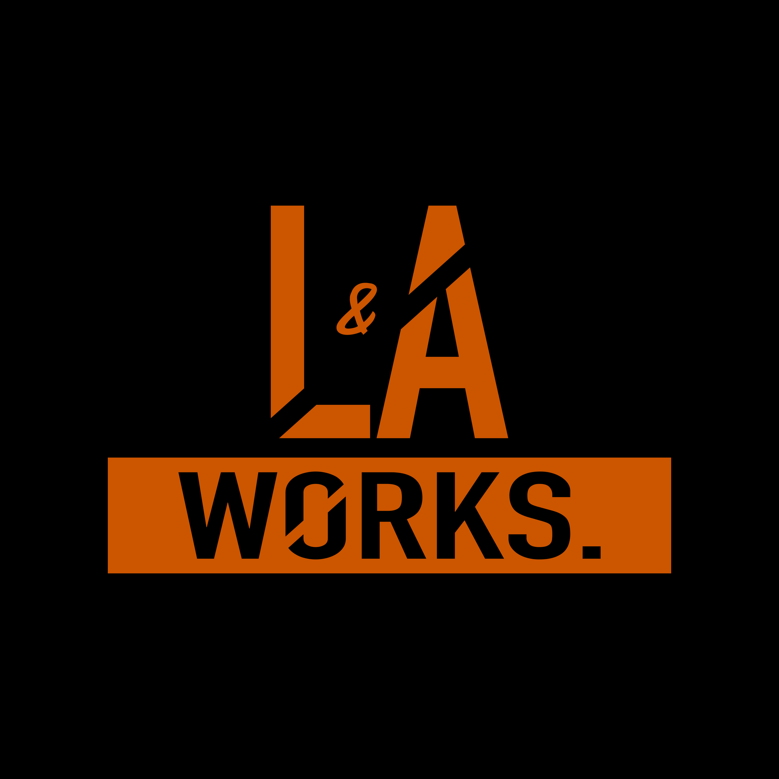 Logo with the text 'LA' in large, stylized letters and 'Works.' underneath in black font on an orange rectangle. The word 'and' is small and positioned between the letters 'L' and 'A'.
