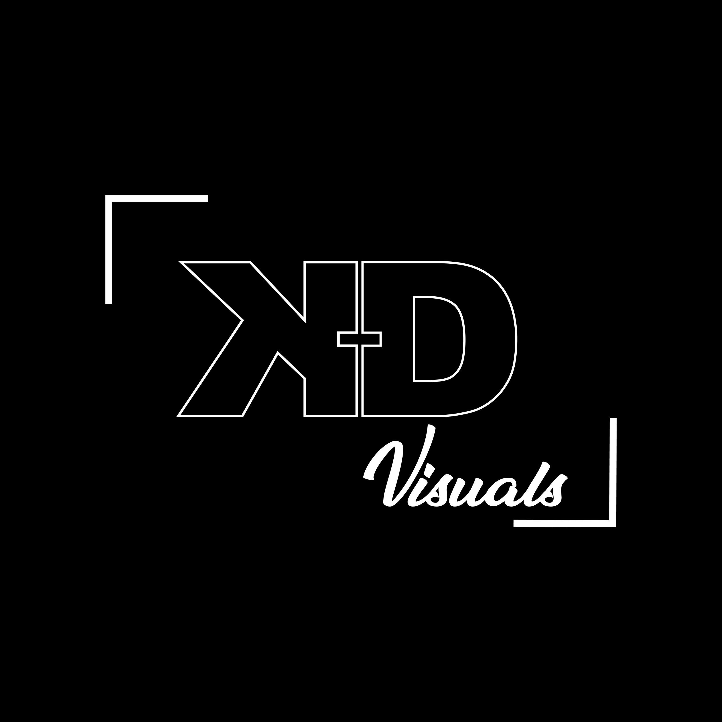 Logo for XRk Visuals featuring large outlined letters 'XR' and 'D' in the center, with the word 'Visuals' in cursive below, all set against a black background with white corner accents.