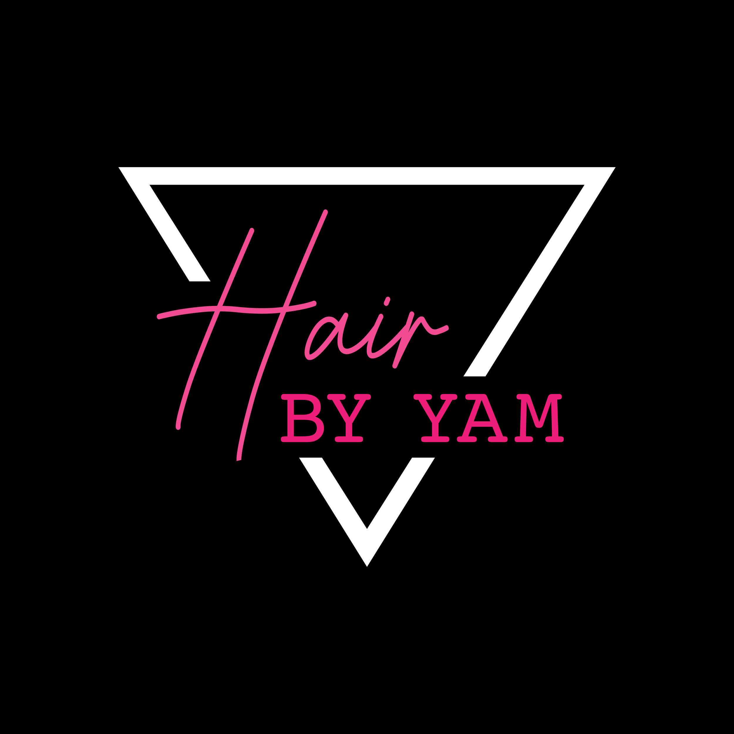 Logo for Hair by Yam featuring a stylized triangle outline with the text 'Hair' in pink cursive and 'BY YAM' in pink uppercase letters inside the triangle on a black background.