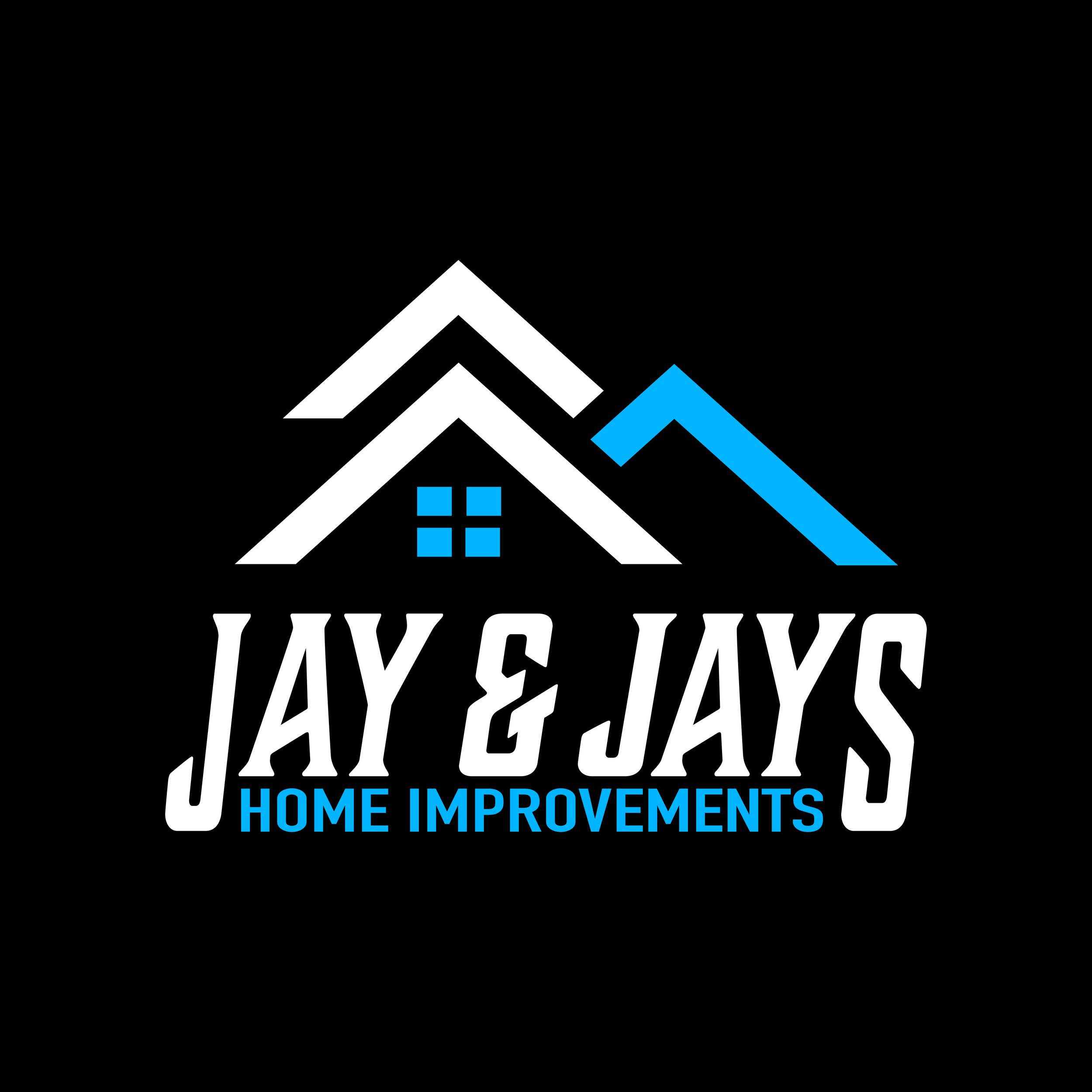 Logo for Jay & Jays Home Improvements featuring stylized rooftops and a small window in white and blue on a black background with the company name and services in bold fonts.