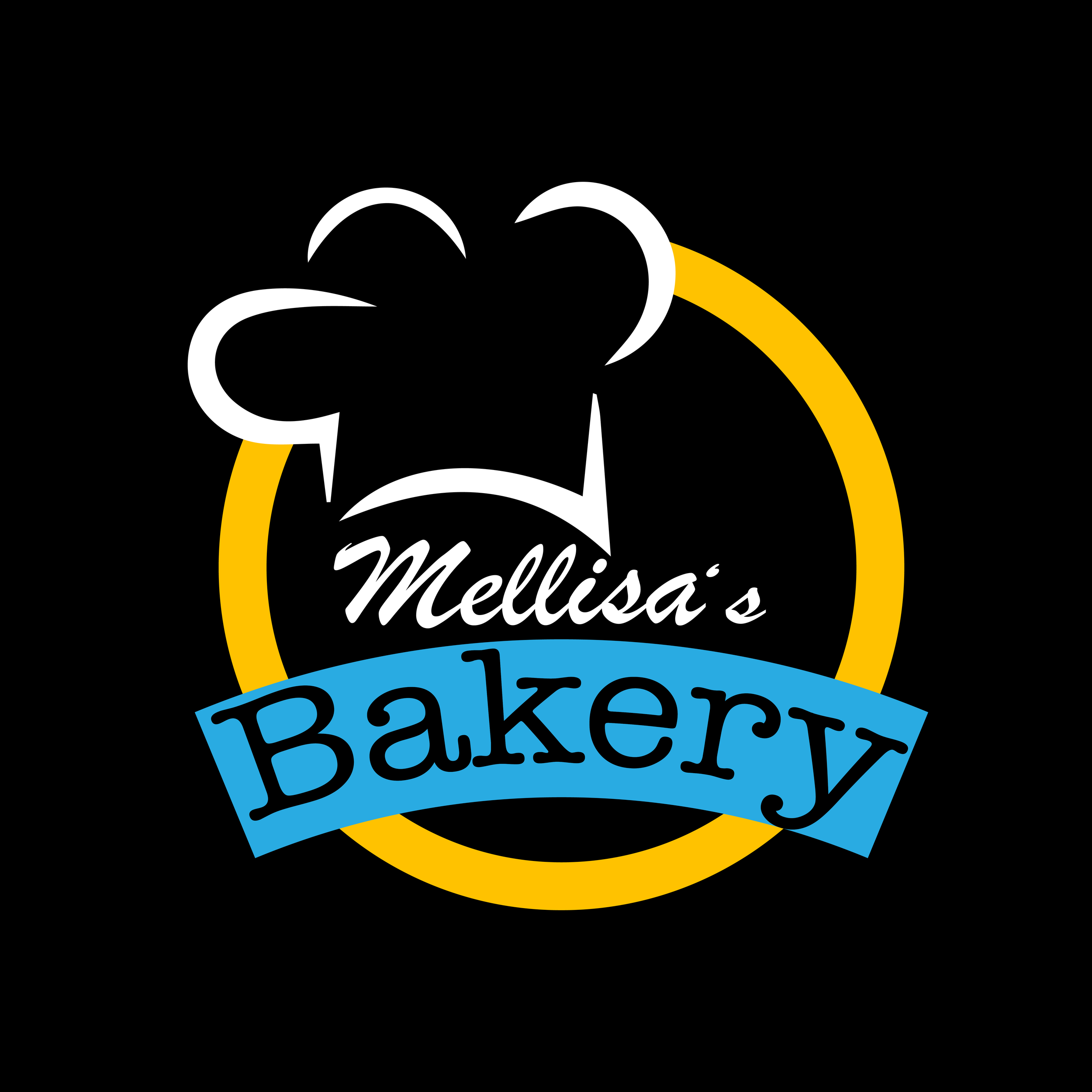 Logo for Mellisa's Bakery featuring a stylized chef's hat and a blue banner with the bakery's name.