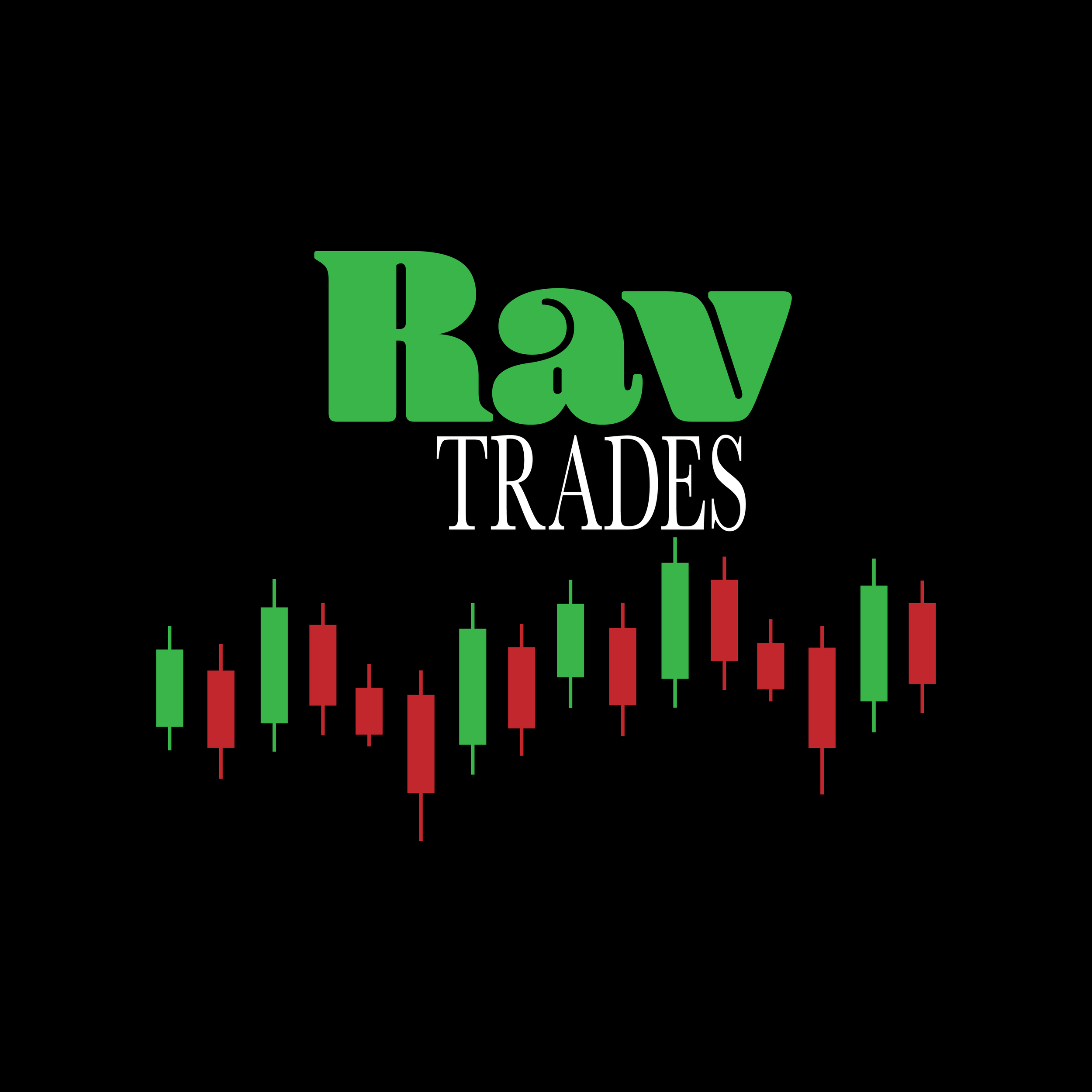 Logo for Rav Trades featuring green and white text with green and red candlestick chart elements on a black background.