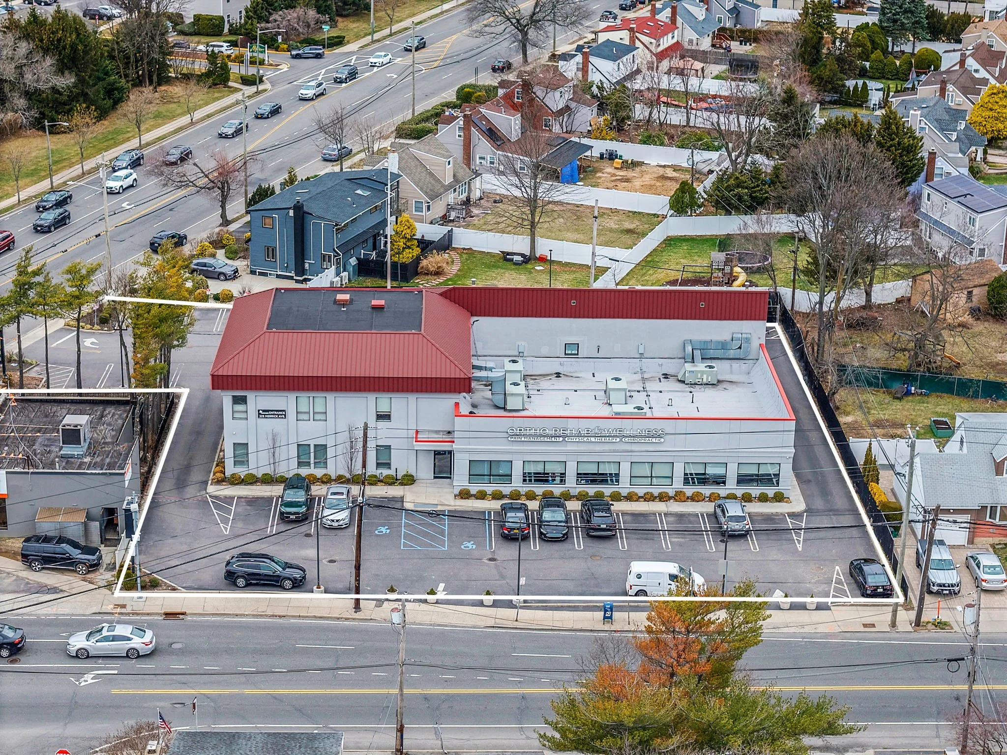 Aerial photograph of the professional office building at 325 Merrick Avenue in East Meadow, Long Island.