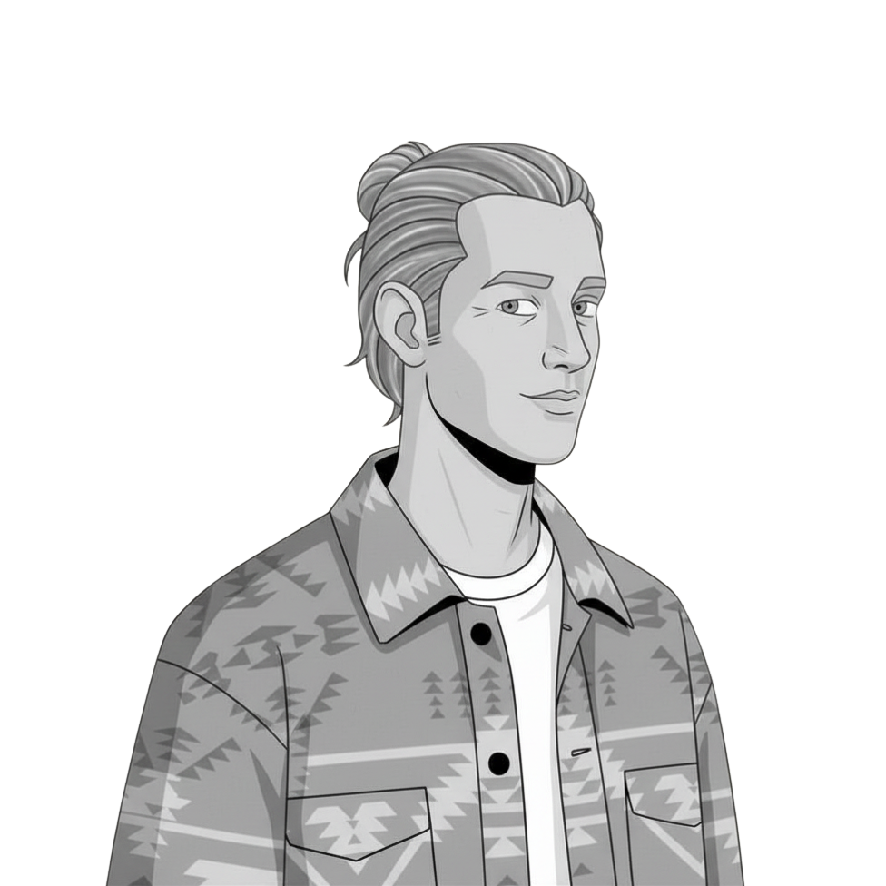 A grayscale digital illustration of a young man with styled hair, wearing a patterned jacket over a white shirt, standing in front of a background with muted green and beige tones.