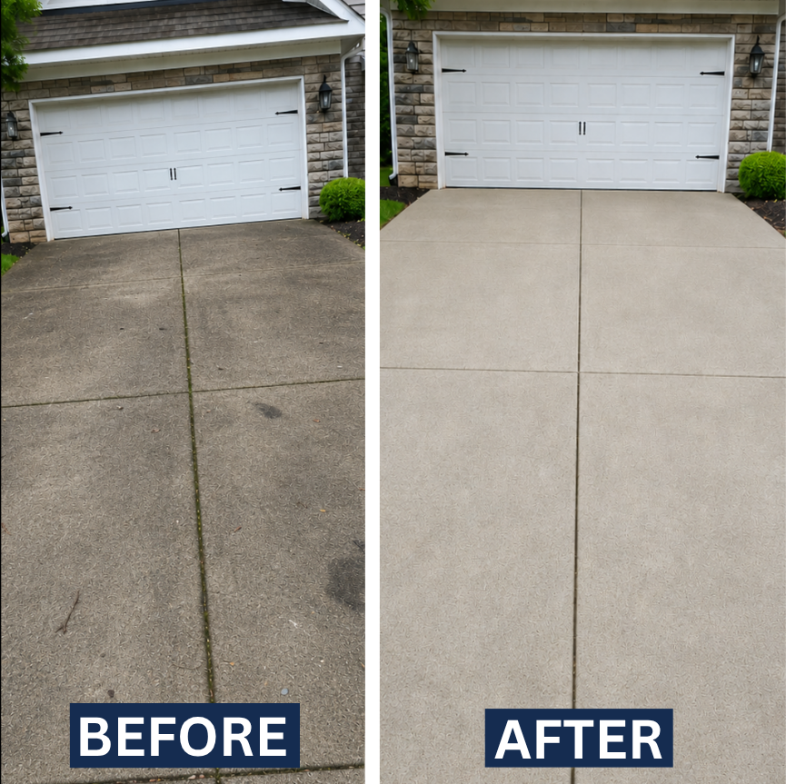 Comparison of a driveway before and after cleaning or resurfacing. The left shows a stained and weathered concrete surface, while the right shows a clean, smooth, and lighter-colored concrete surface.