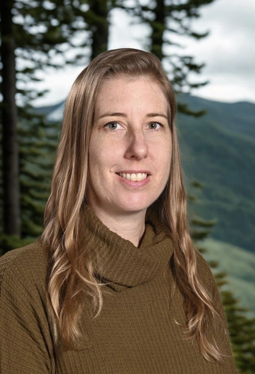 A woman with long, wavy, light brown hair, wearing a gray top, posing against a neutral background.