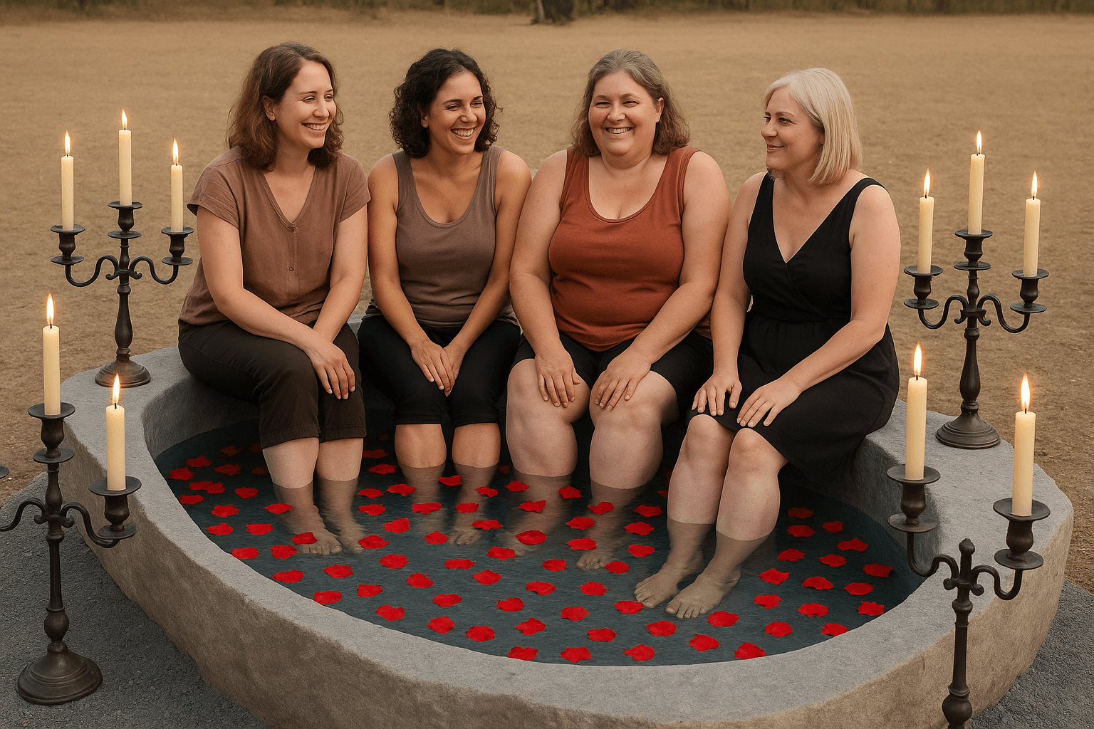 Four women sitting in a small pool filled with water and red flower petals, with candles surrounding the pool, in an outdoor setting at dusk.