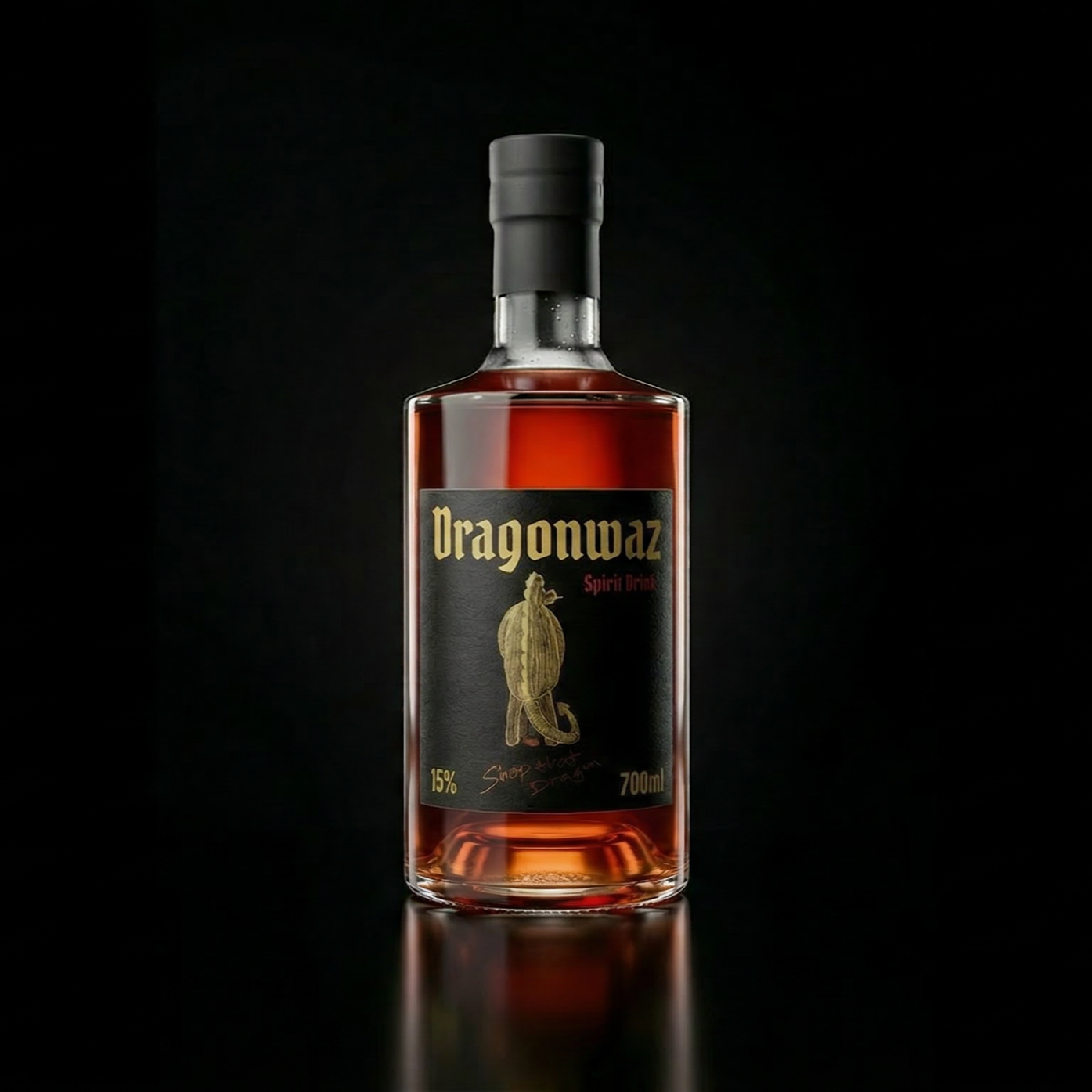 A bottle of Dragonwaz spirit drink with a black label, gold text and an illustration of a dragon, set against a dark background.