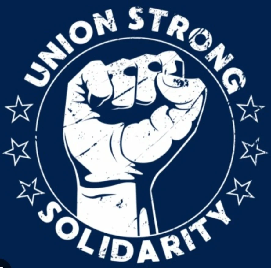 A graphic logo featuring a raised fist inside a circle with the words 'Union Strong' at the top and 'Solidarity' at the bottom, surrounded by five stars on each side.