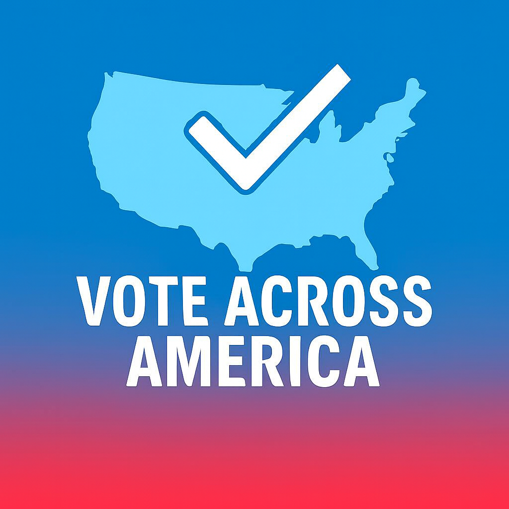 Map of the United States with a checkmark inside it and the text 'Vote Across America' below.