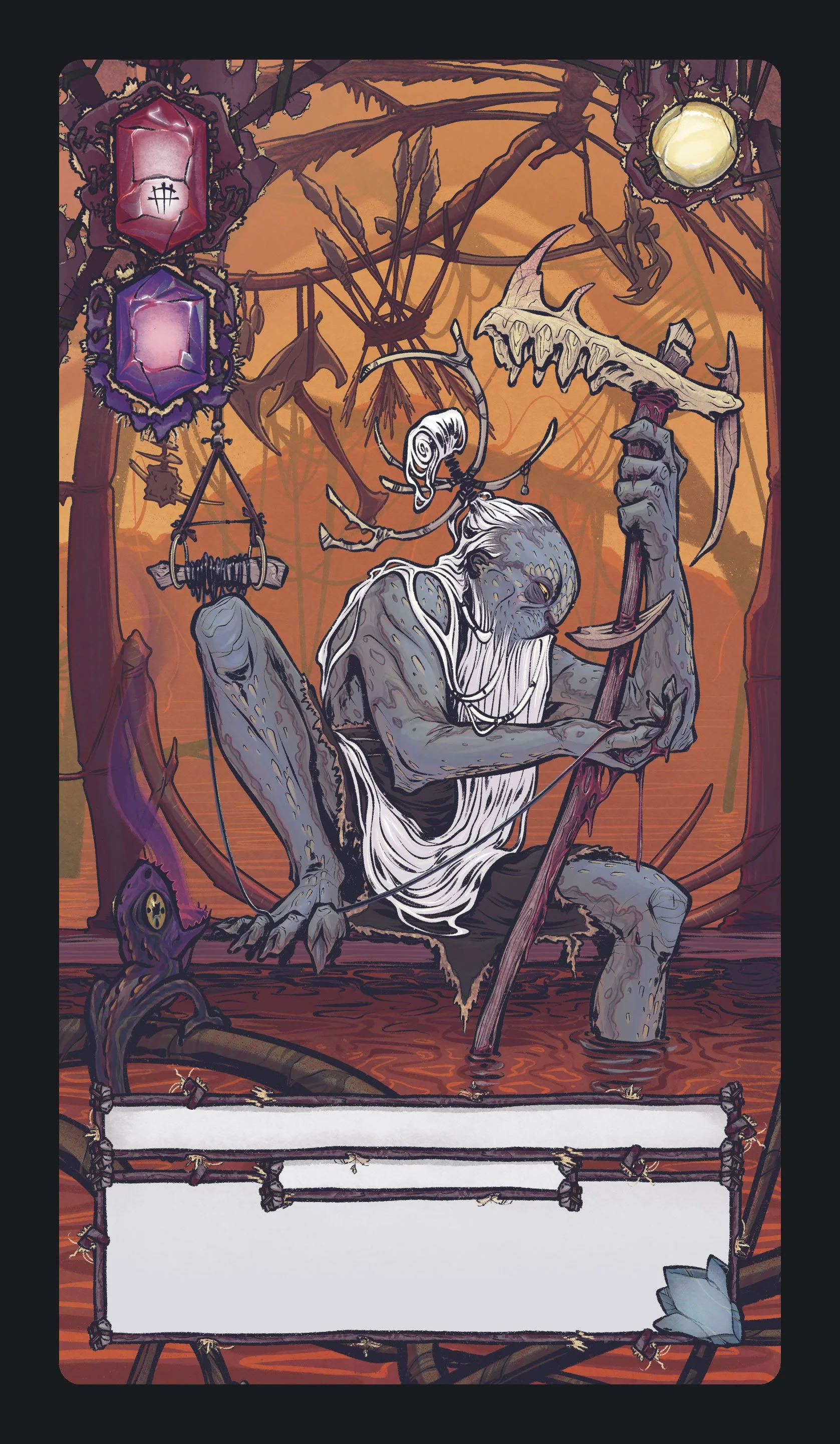 A faction of lizard-human hybrids that dwells in the Trench. This card depicts one of their shamans "Gilgamud."