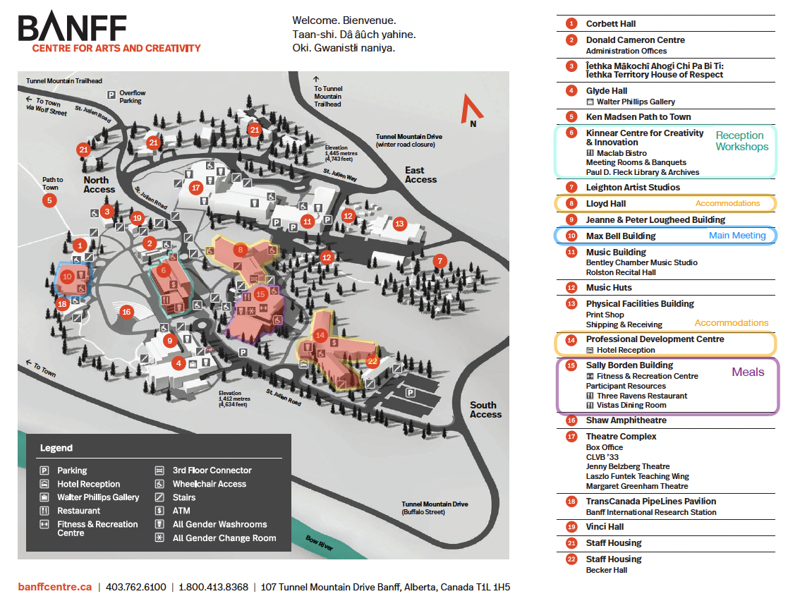 Banff Centre map showing locations of IPICS 2026 Main meeting, Reception, Workshops, Accommodations, and Meals.