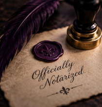A notary seal, purple feather quill, and a handwritten note with the words 'Officially Notarized' on parchment paper.