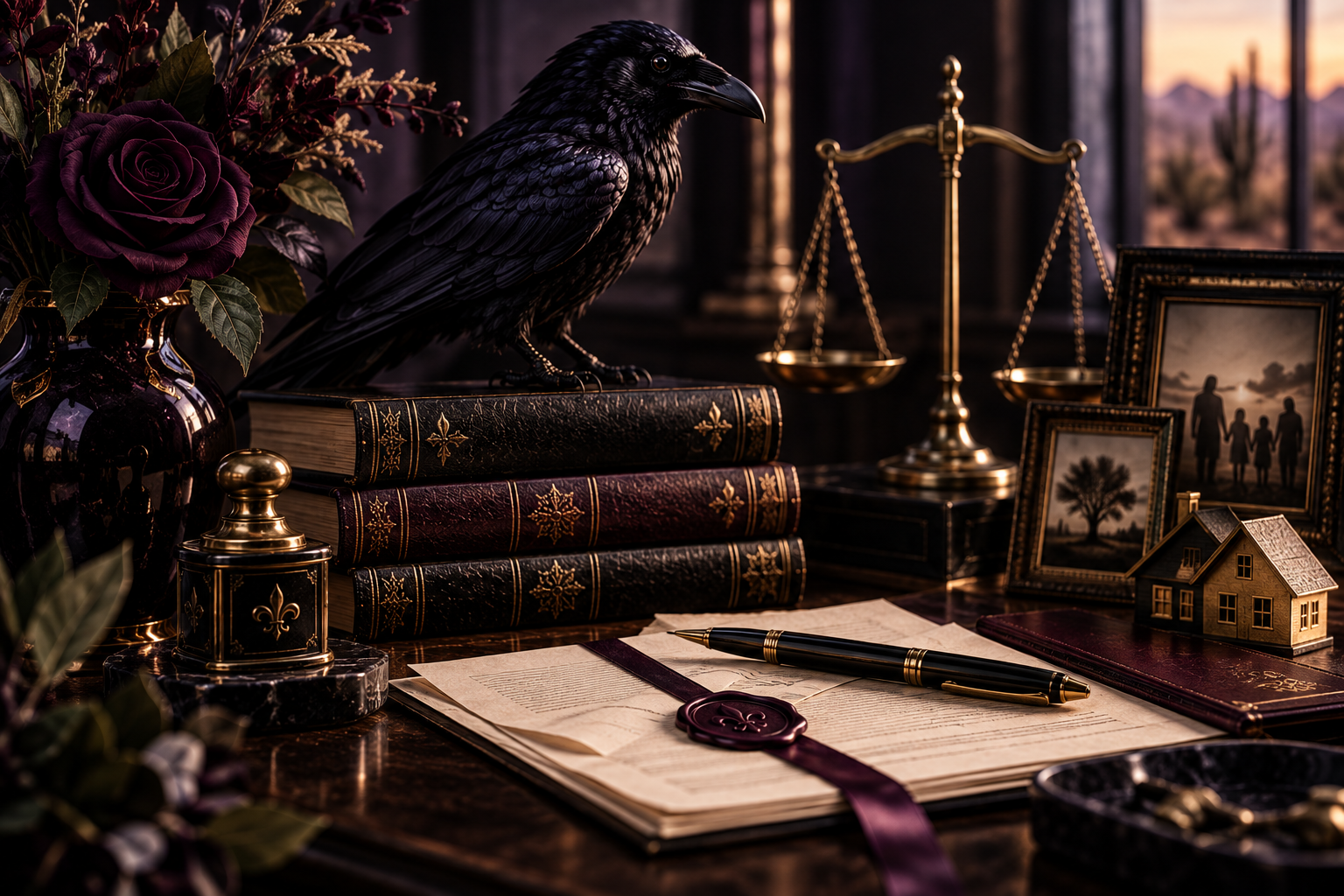 A dark wooden desk with a black crow figurine on top of a leather-bound book, surrounded by gold-trimmed books, a pen, framed family photos, a small house model, a vintage scale, a flower arrangement, and decorative items in a dimly lit room with a sunset view outside.