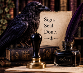 A raven skull with a feather, next to a sealed parchment paper that reads 'Sign. Seal. Done.' and an ink bottle with a quill. There is also a wax stamp and old books in the background.